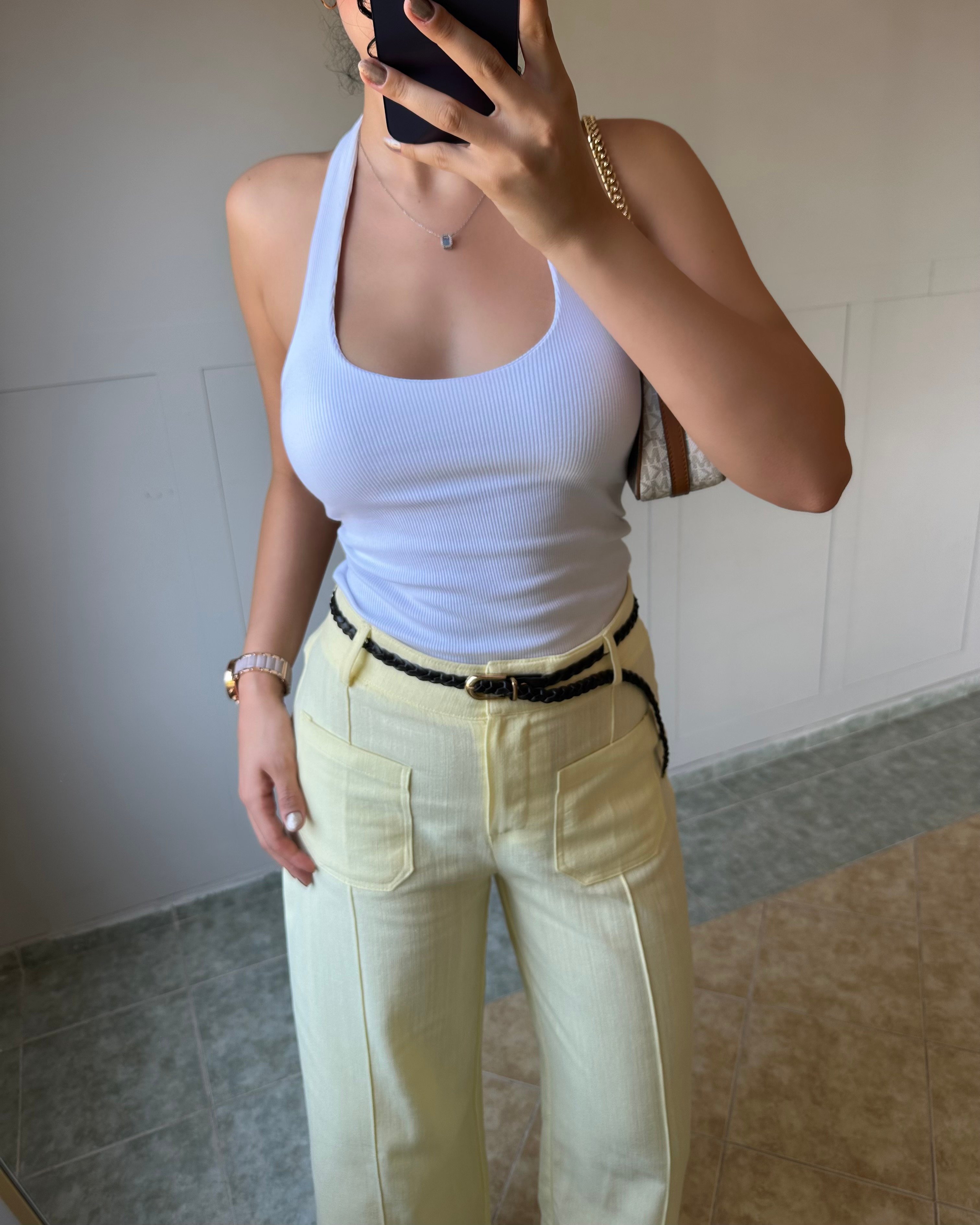 Çift Cepli Kendinden Kemerli Sarı Keten Pantolon KT0042