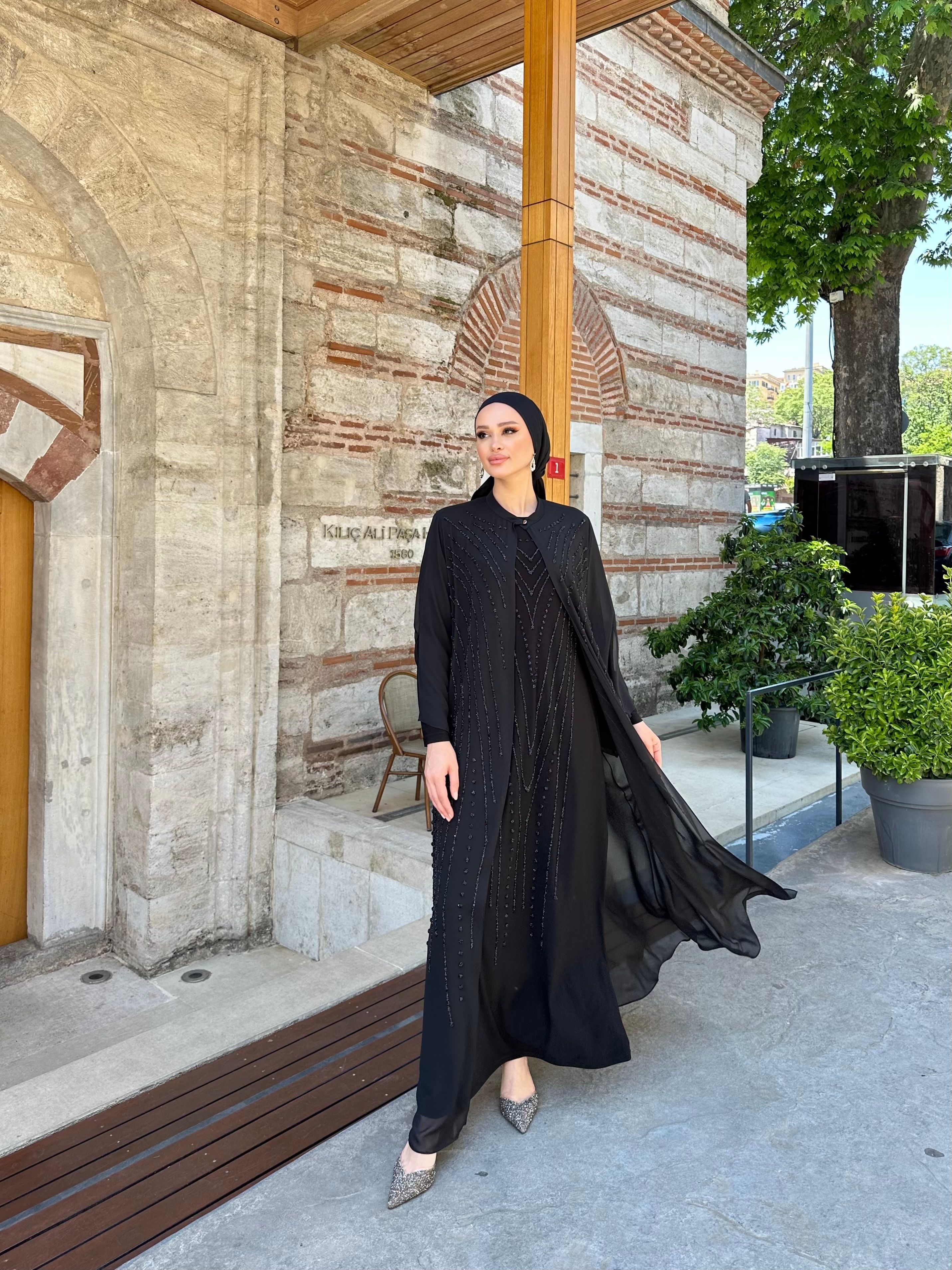  40923 Taşlı Pamuklu Oversize Abaya