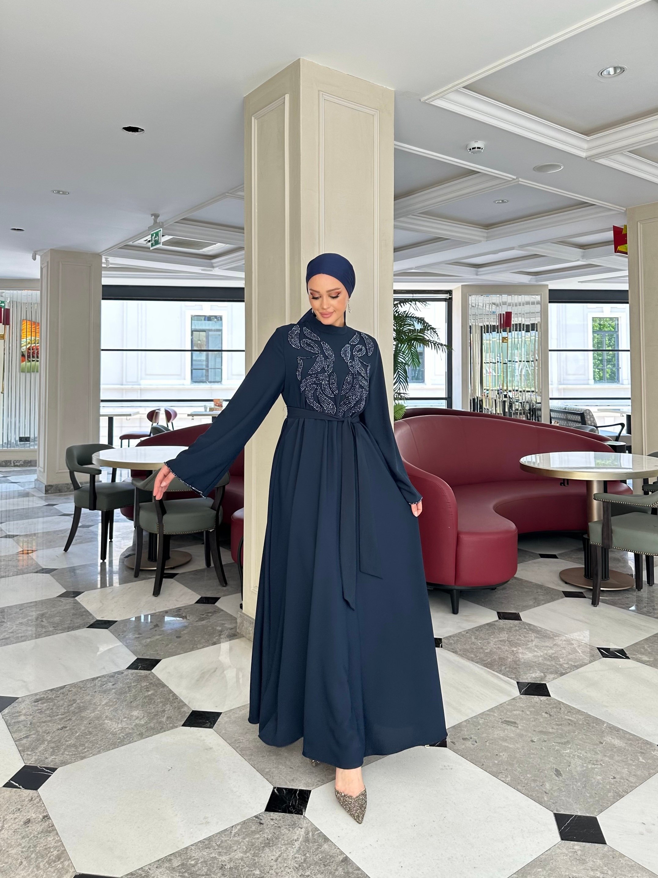 4227 Desenli El İşi Boncuk Detaylı Elbise  - lacivert