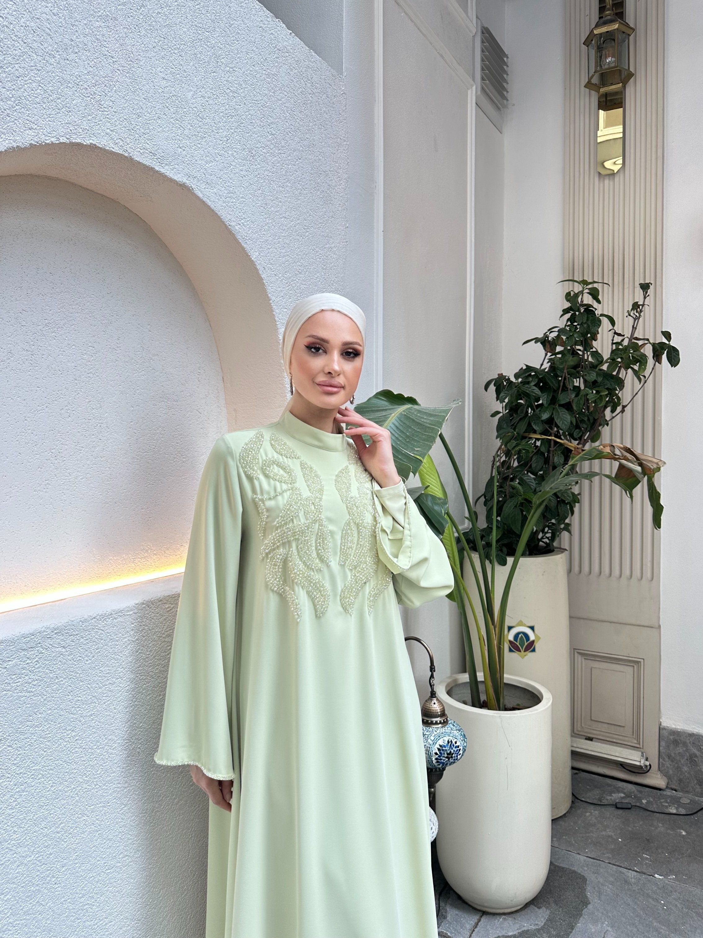 4227 Desenli El İşi Boncuk Detaylı Elbise 