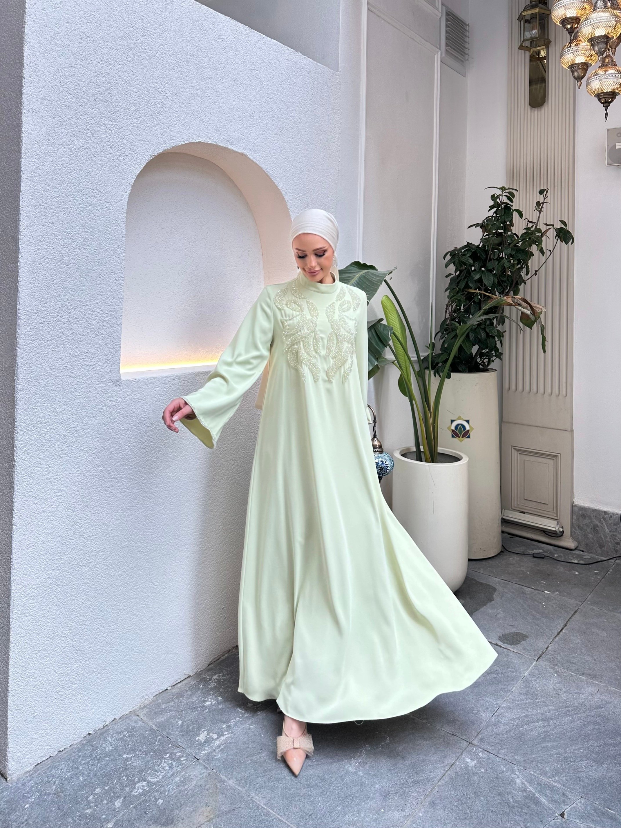 4227 Desenli El İşi Boncuk Detaylı Elbise 
