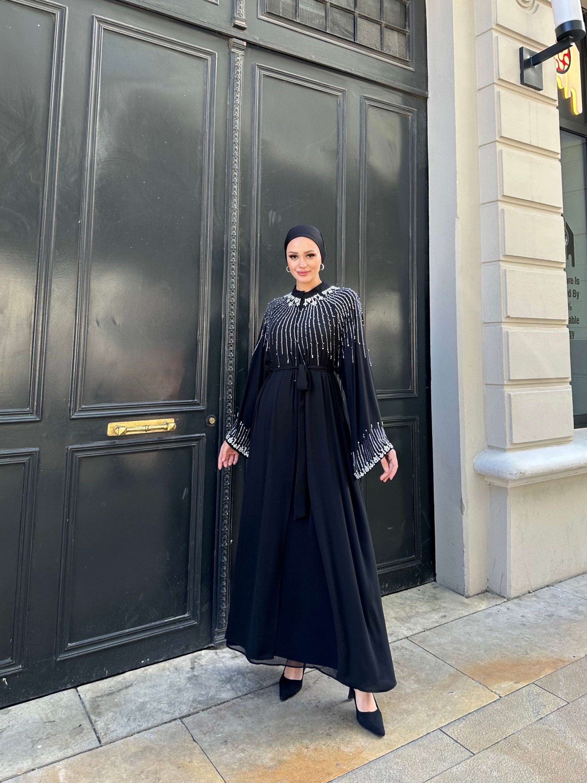 İşlemeli Abaya - siyah