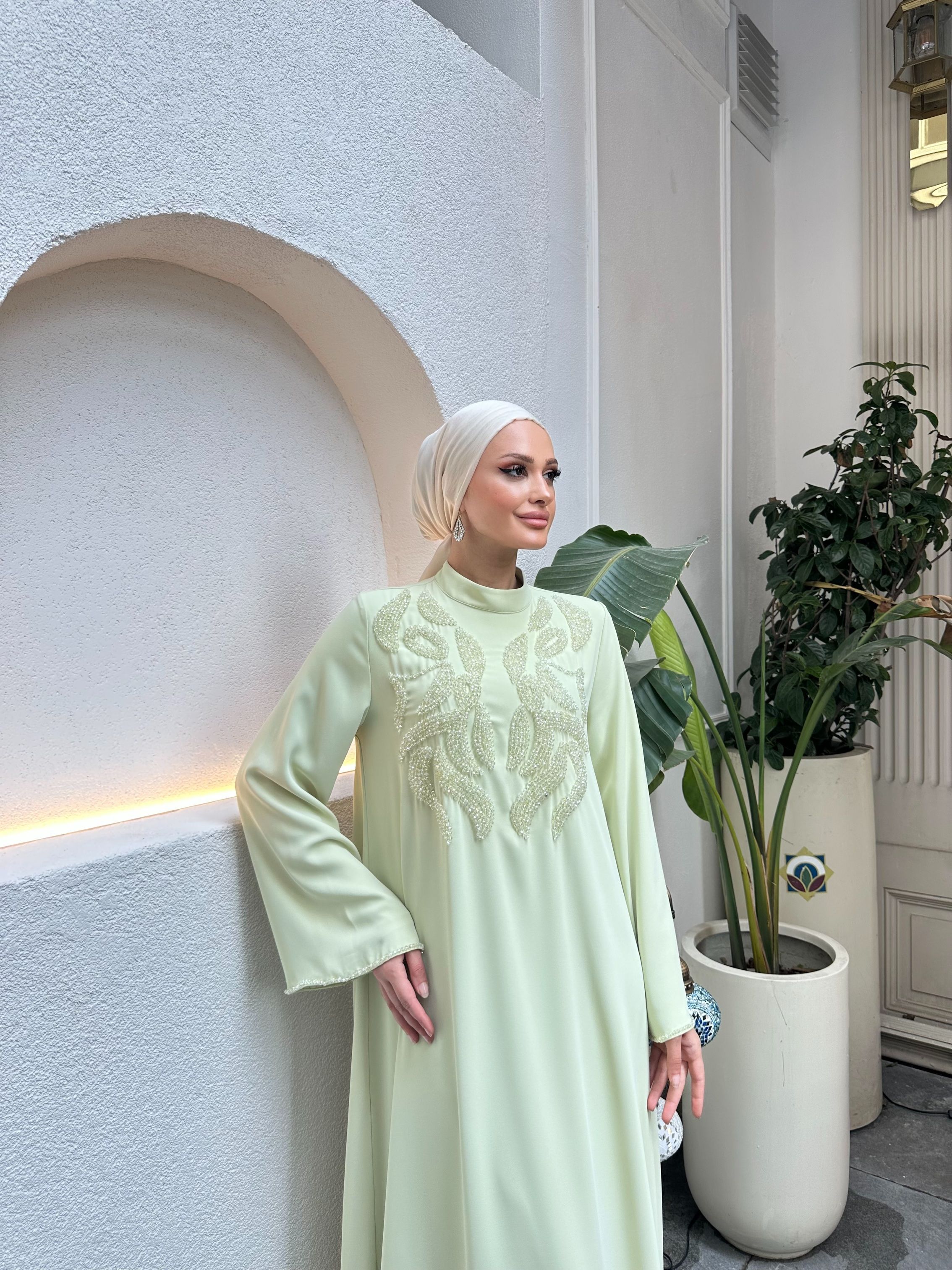 4227 Desenli El İşi Boncuk Detaylı Elbise 