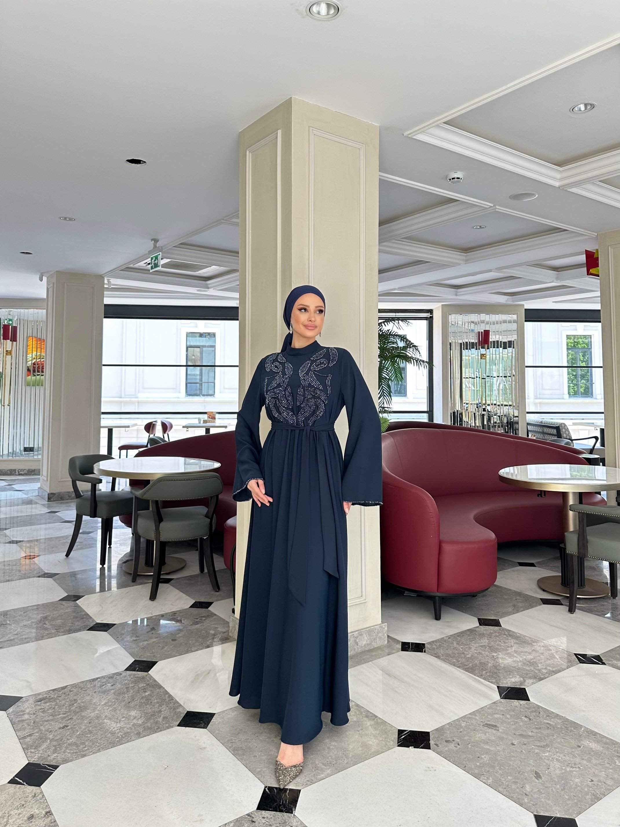 4227 Desenli El İşi Boncuk Detaylı Elbise  - lacivert