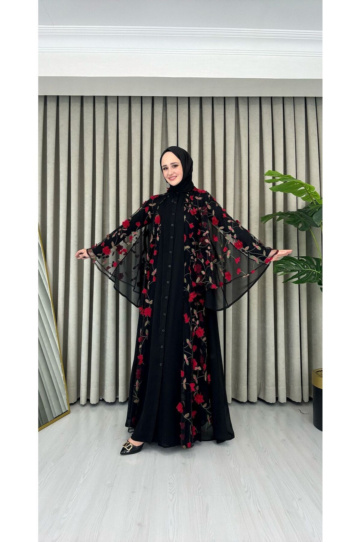 floral pattern abaya - Red