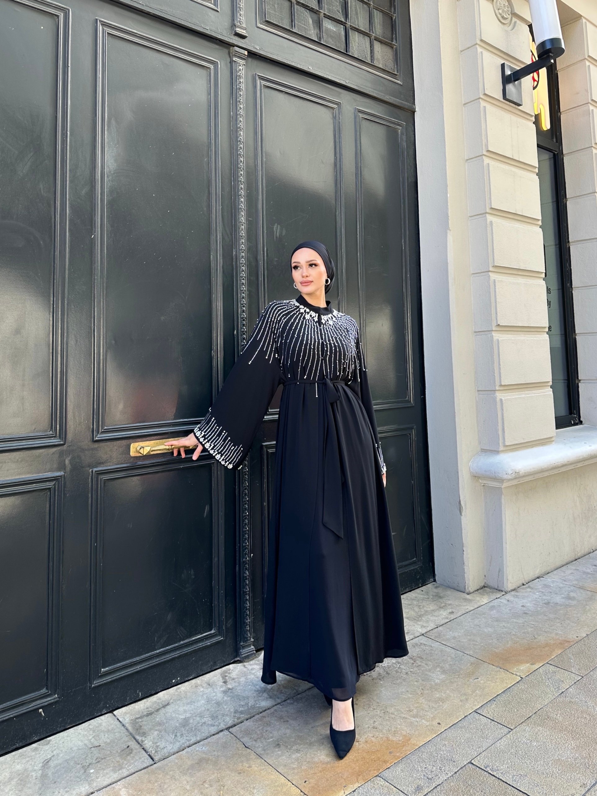 İşlemeli Abaya - siyah