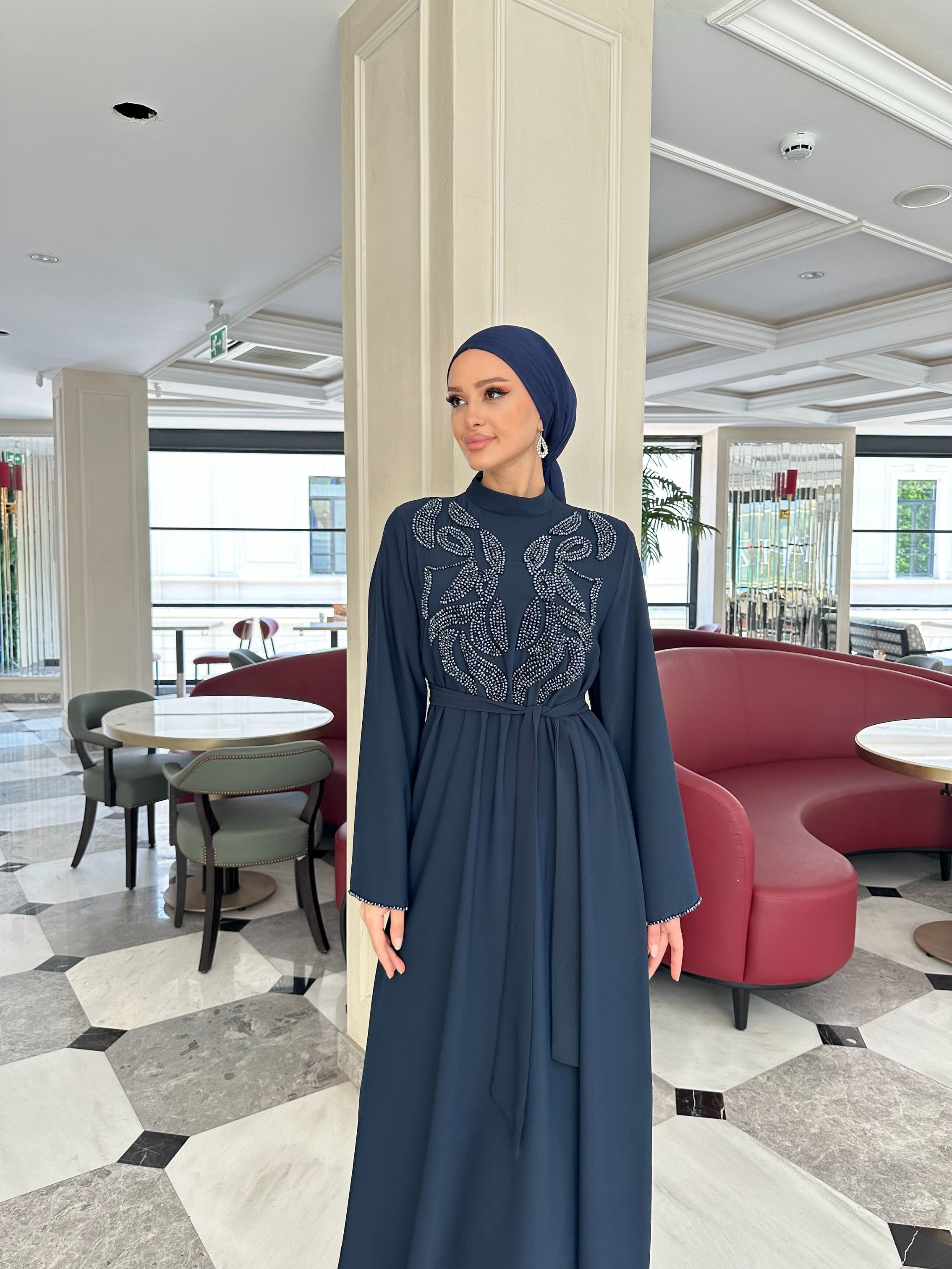 4227 Desenli El İşi Boncuk Detaylı Elbise  - lacivert