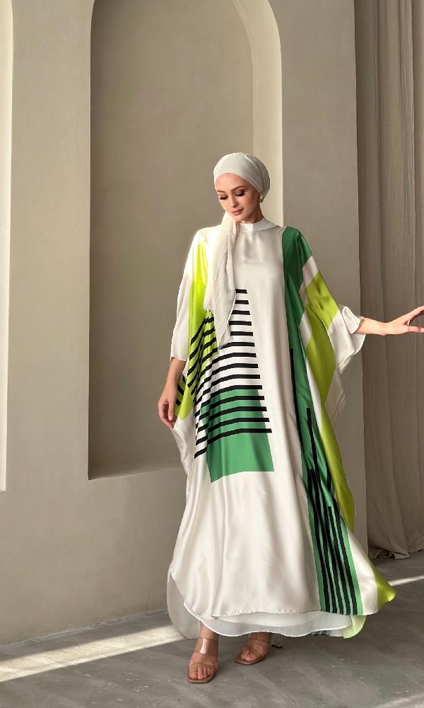 Saten Desenli Abaya - yeşil