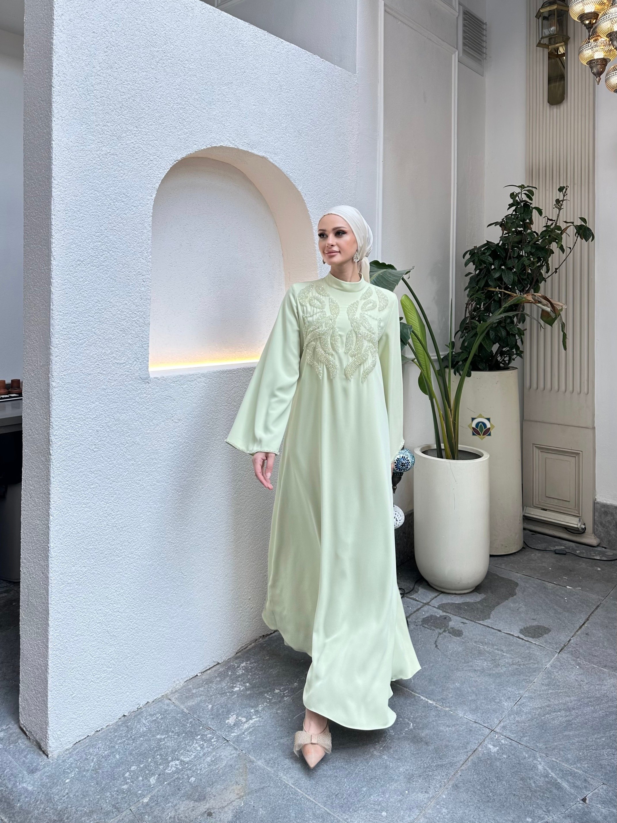 4227 Desenli El İşi Boncuk Detaylı Elbise  - Green