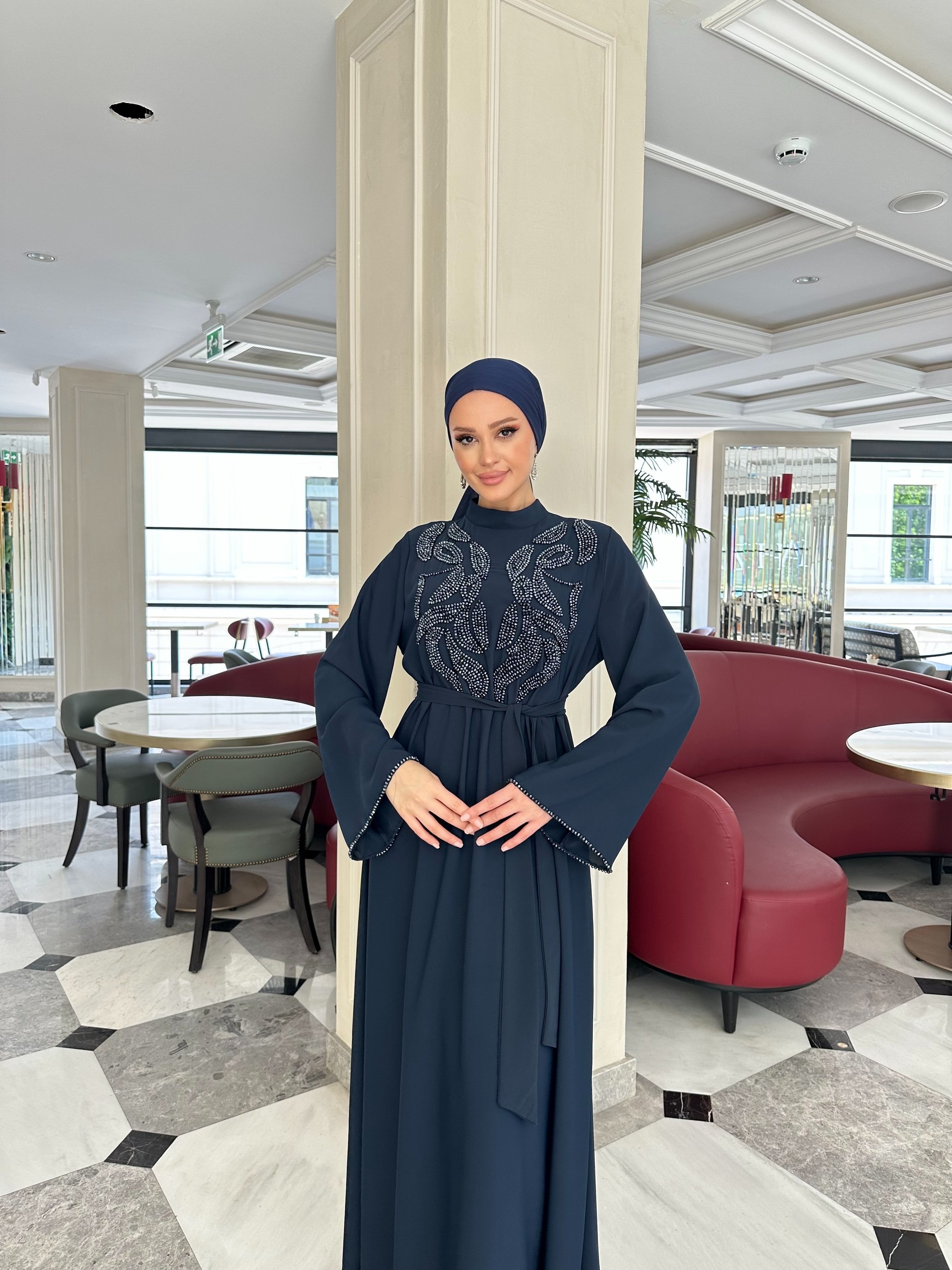 4227 Desenli El İşi Boncuk Detaylı Elbise  - lacivert