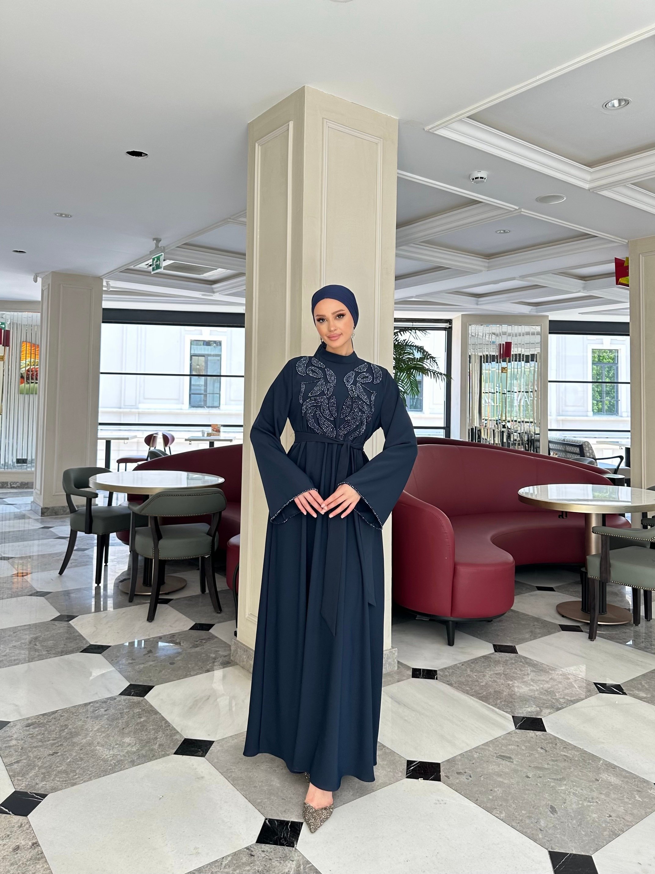 4227 Desenli El İşi Boncuk Detaylı Elbise  - Navy Blue