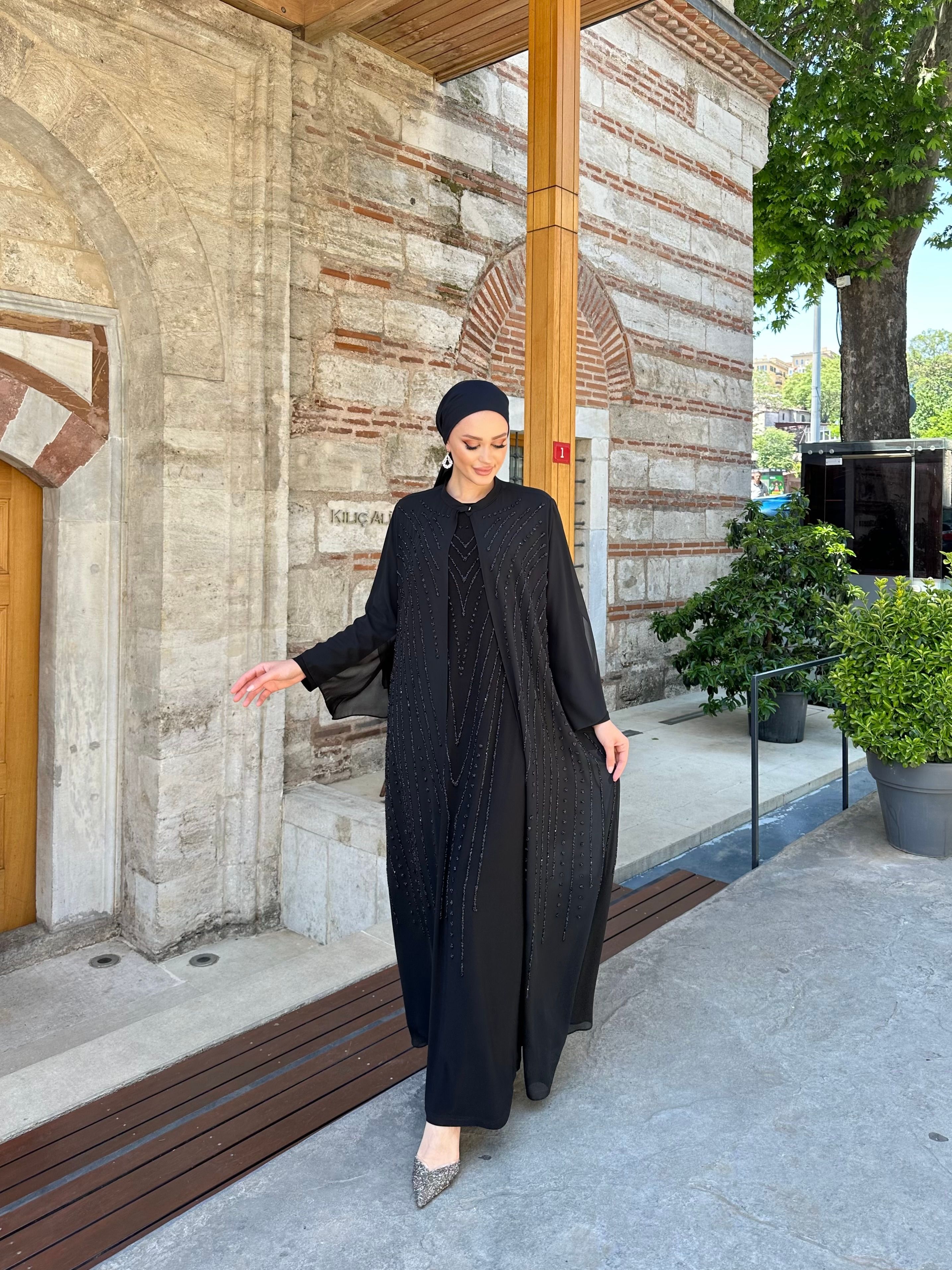 40923 Taşlı Pamuklu Oversize Abaya - Beige