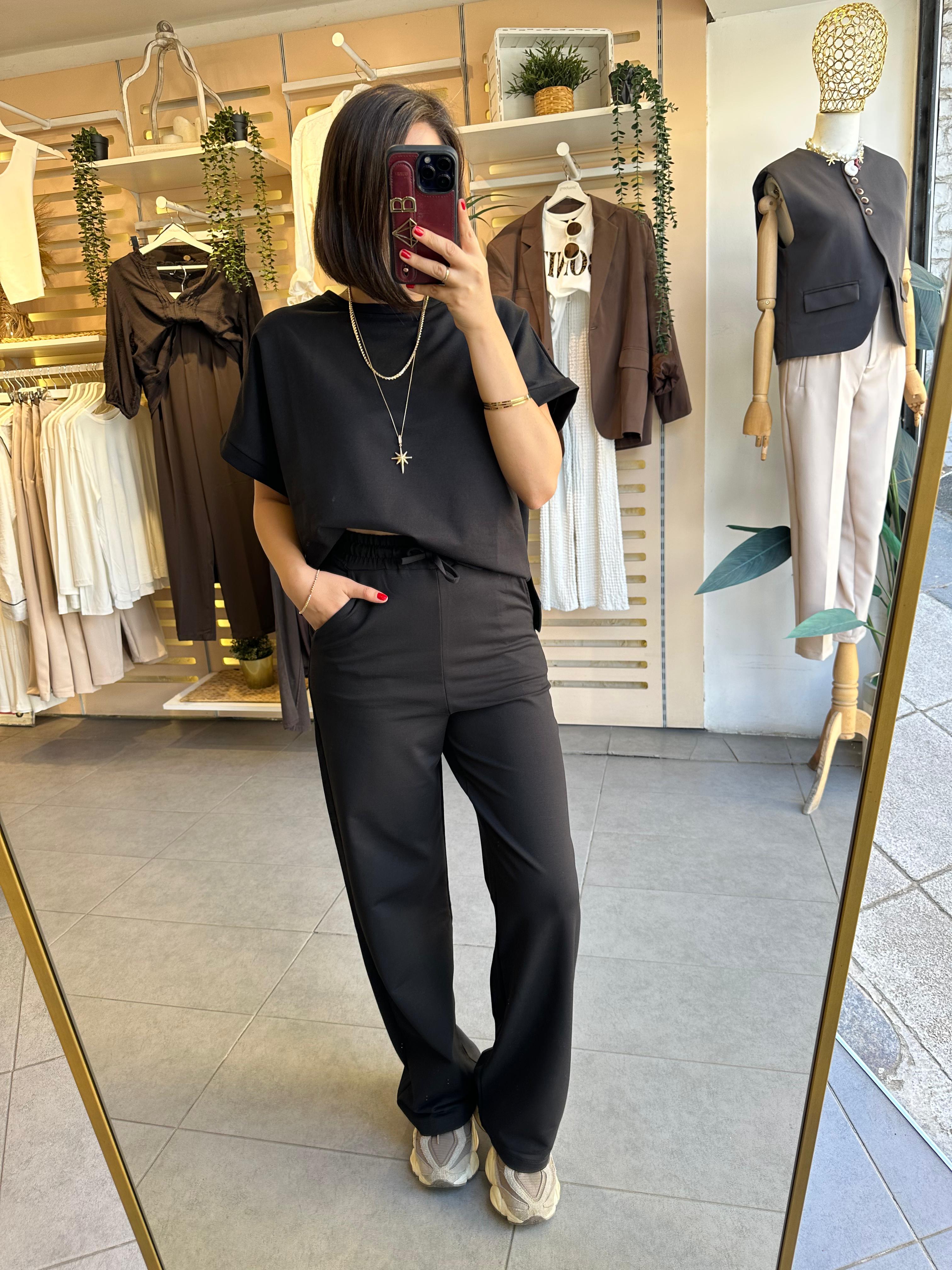 Kadın 2 İplik Günlük Takım Compakt Pamuk Penye Kumaş Kısa Kol & Eşofman Alt Siyah