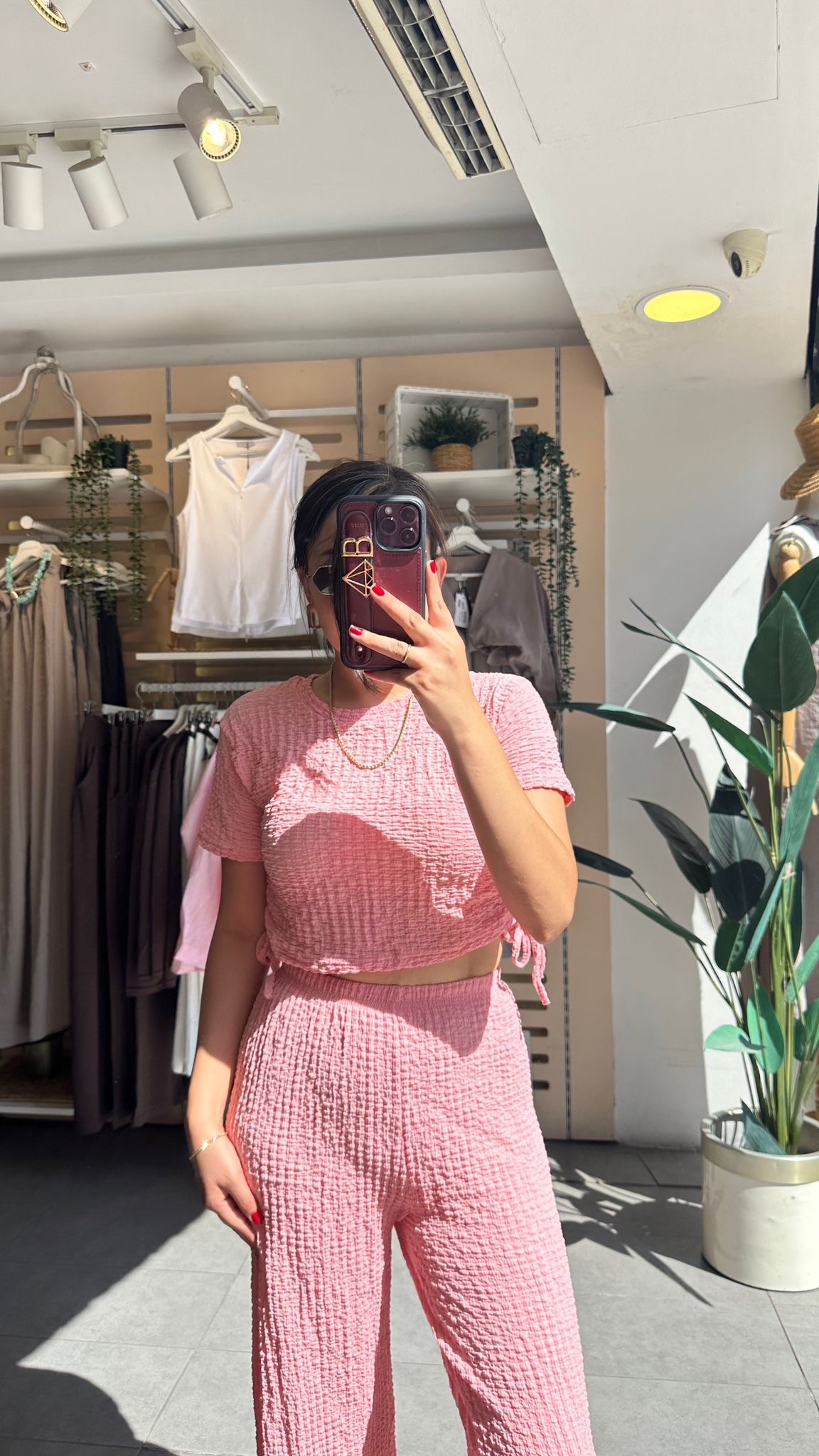 Pembe Bubble Örme Kumaş Kadın Günlük Giyim Takım Yanları Bağcıklı