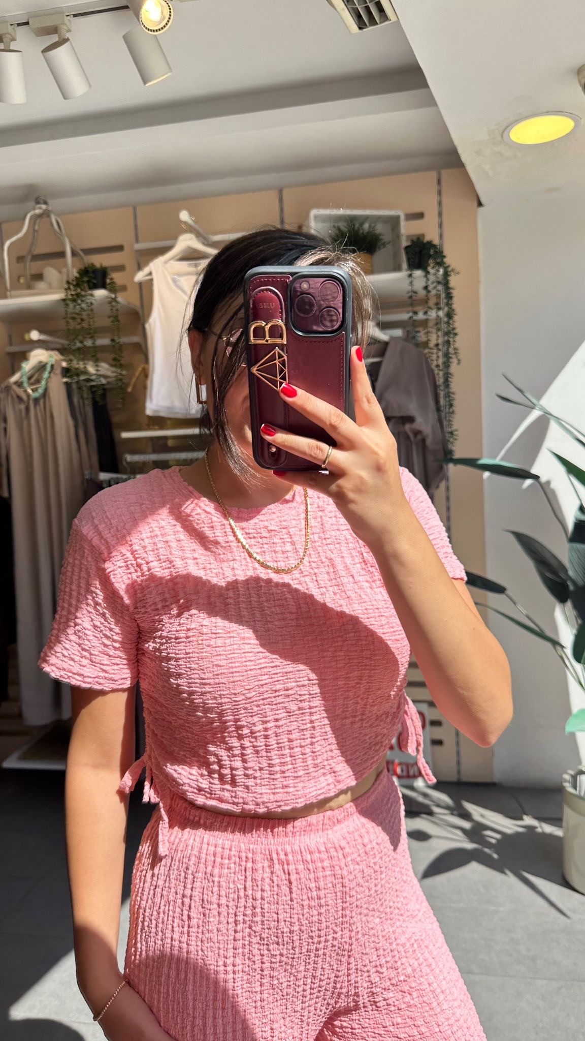 Pembe Bubble Örme Kumaş Kadın Günlük Giyim Takım Yanları Bağcıklı