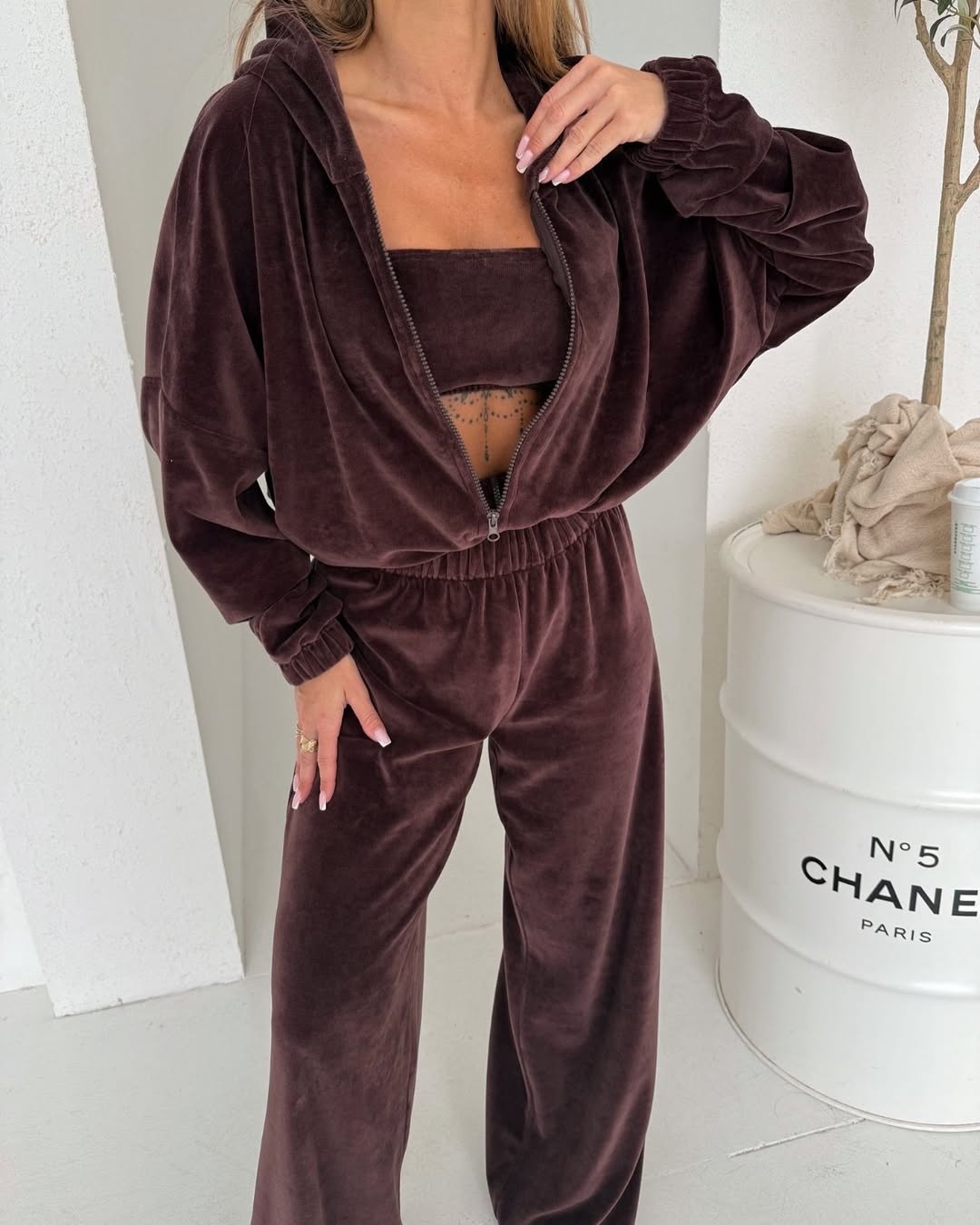 Fransız Kadife Kumaş 3'Lü Set Kadın Eşofman Takım Kapüşonlu Yumuşacık Kumaş