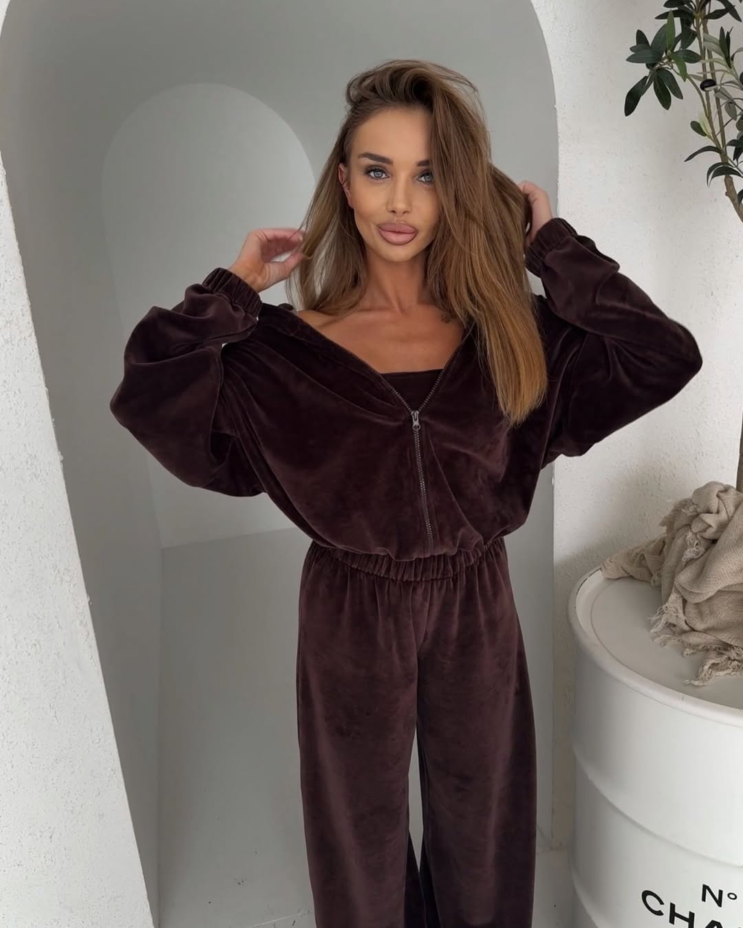 Fransız Kadife Kumaş 3'Lü Set Kadın Eşofman Takım Kapüşonlu Yumuşacık Kumaş