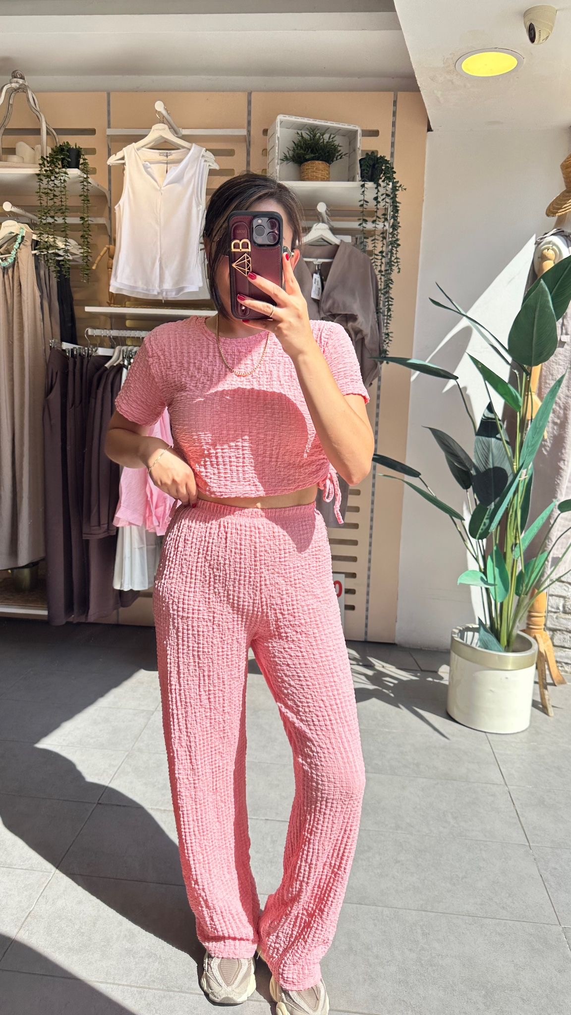 Pembe Bubble Örme Kumaş Kadın Günlük Giyim Takım Yanları Bağcıklı