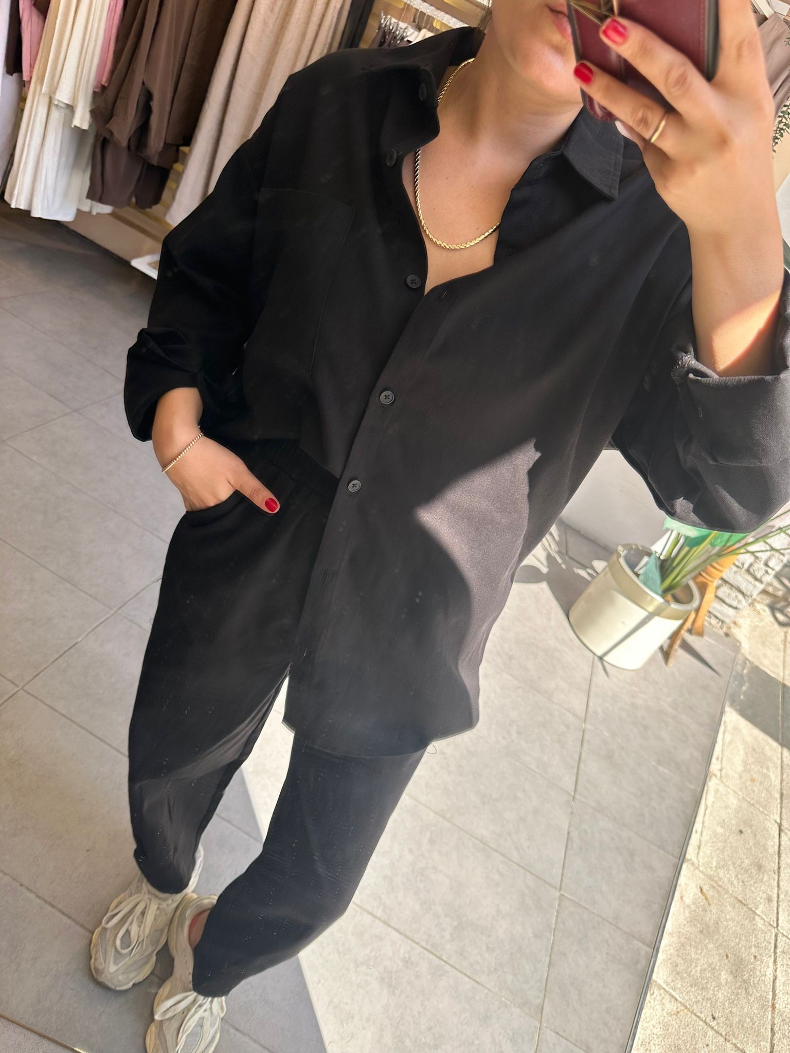 Siyah Kadın Yıkamalı Gabardin Gömlek & Havuç Pantolon Takım Oversize Kalıp Rahat Kesim