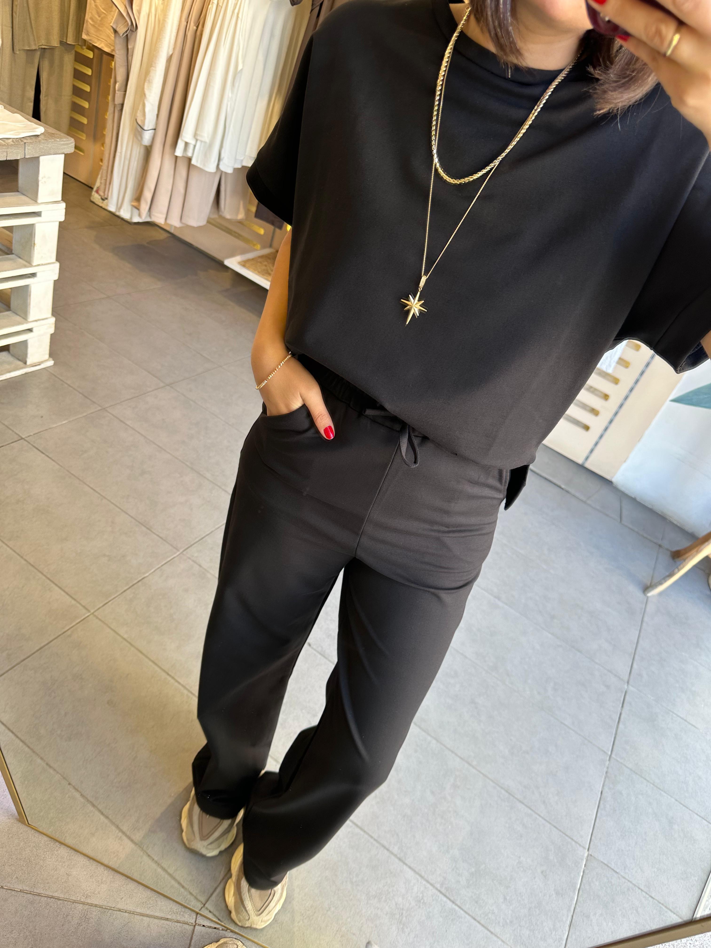 Kadın 2 İplik Günlük Takım Compakt Pamuk Penye Kumaş Kısa Kol & Eşofman Alt Siyah