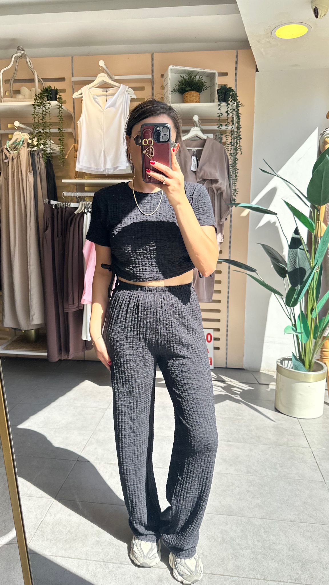 Siyah Bubble Örme Kumaş Kadın Günlük Giyim Takım Yanları Bağcıklı