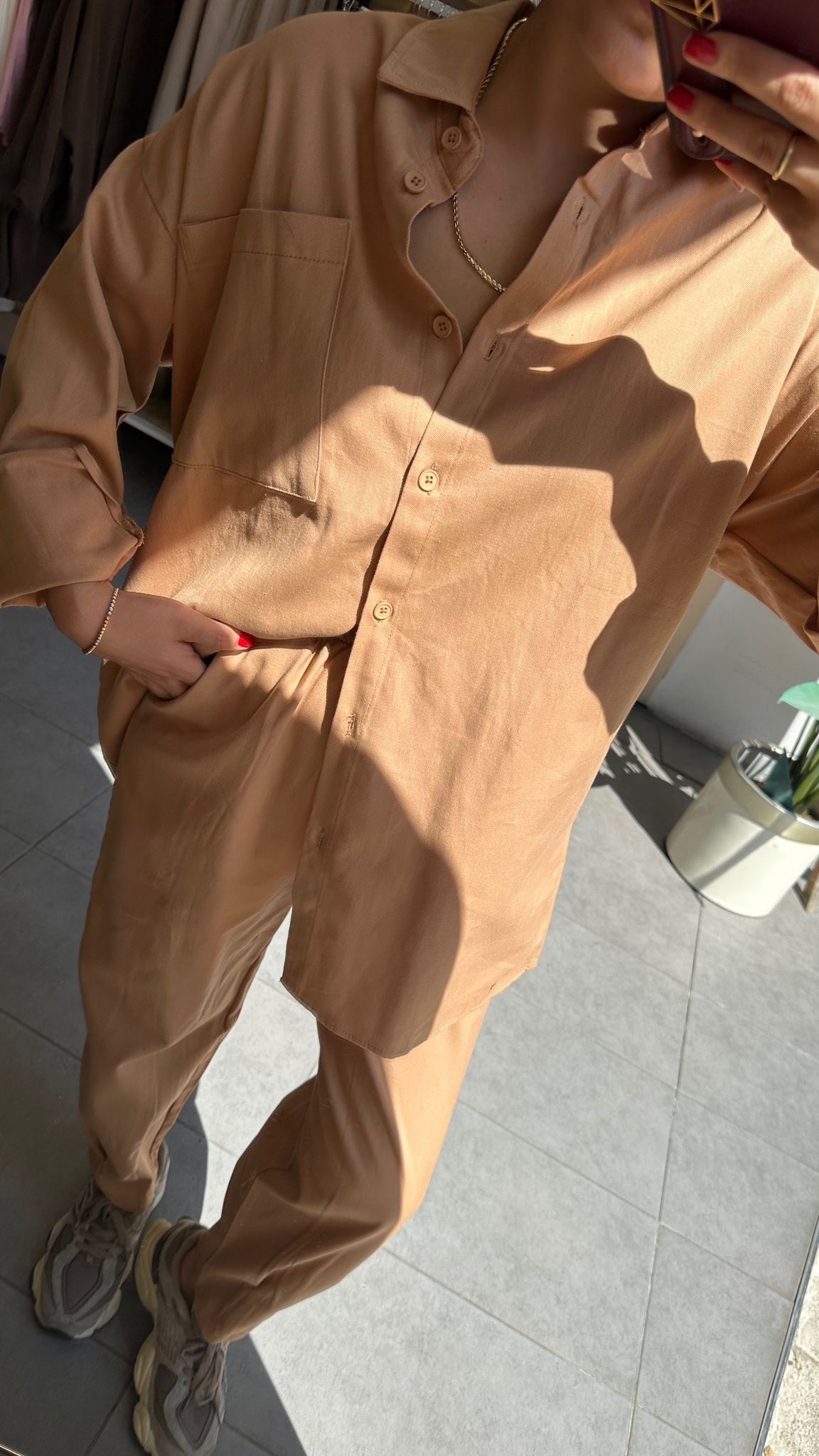 Camel Kadın Yıkamalı Gabardin Gömlek & Havuç Pantolon Takım Oversize Kalıp Rahat Kesim