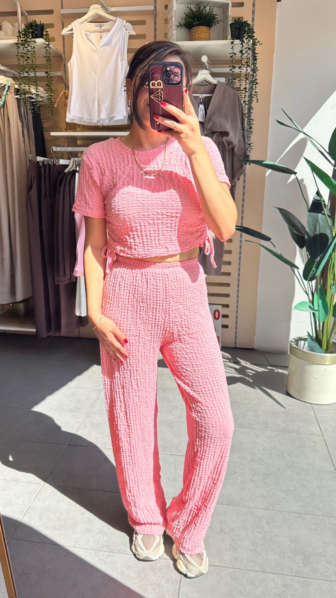 Pembe Bubble Örme Kumaş Kadın Günlük Giyim Takım Yanları Bağcıklı