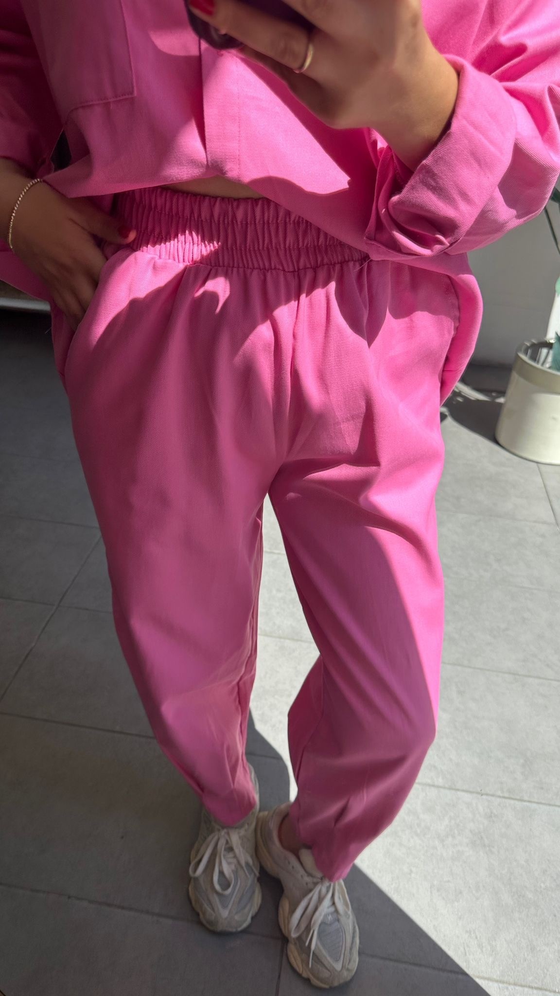 Pembe Kadın Yıkamalı Gabardin Gömlek & Havuç Pantolon Takım Oversize Kalıp Rahat Kesim