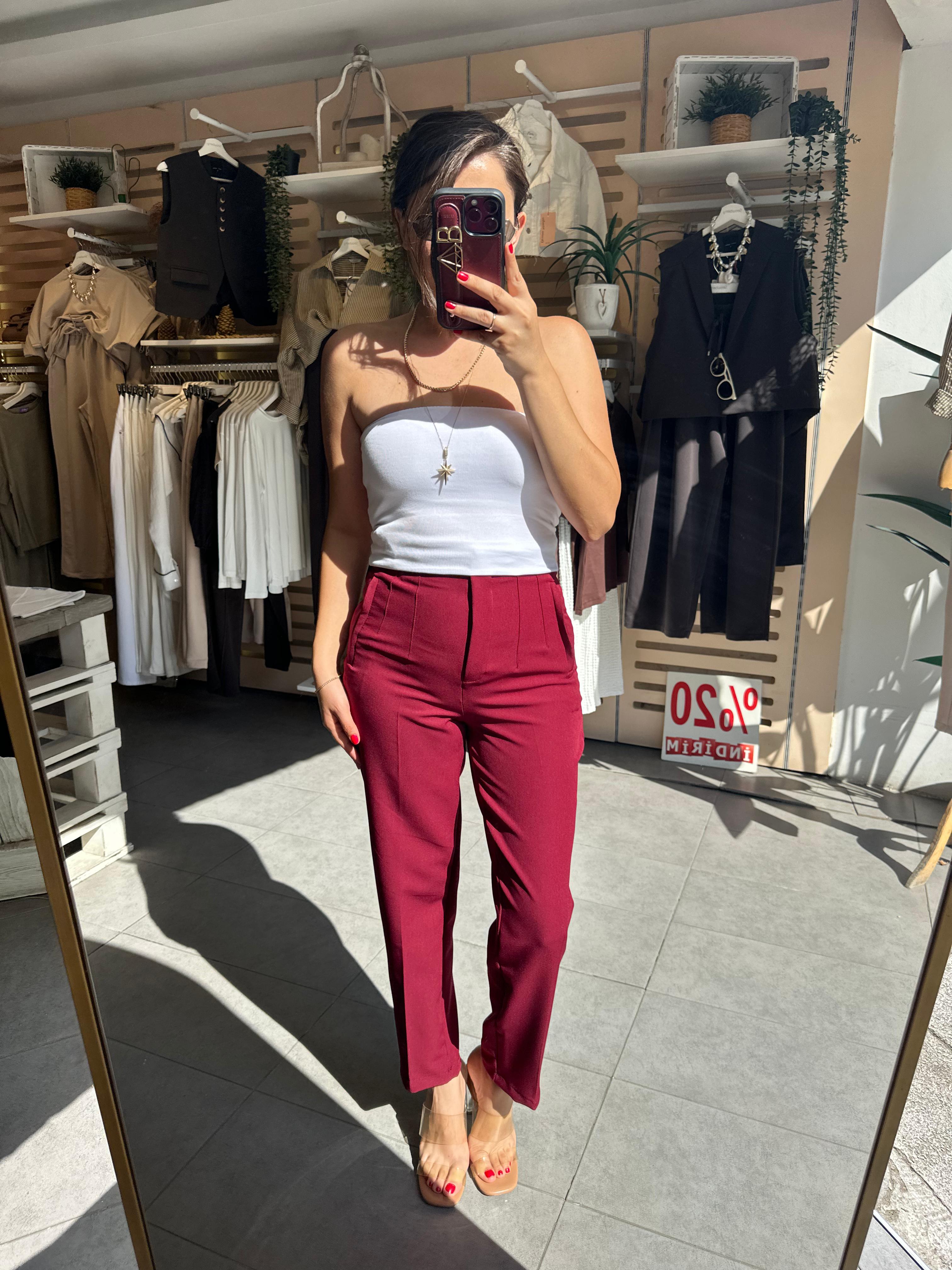  Kadın Slim Fit Kumaş Pantolon Bilek Boy Havuç Kalıp Pens Dikiş Detaylı Bordo