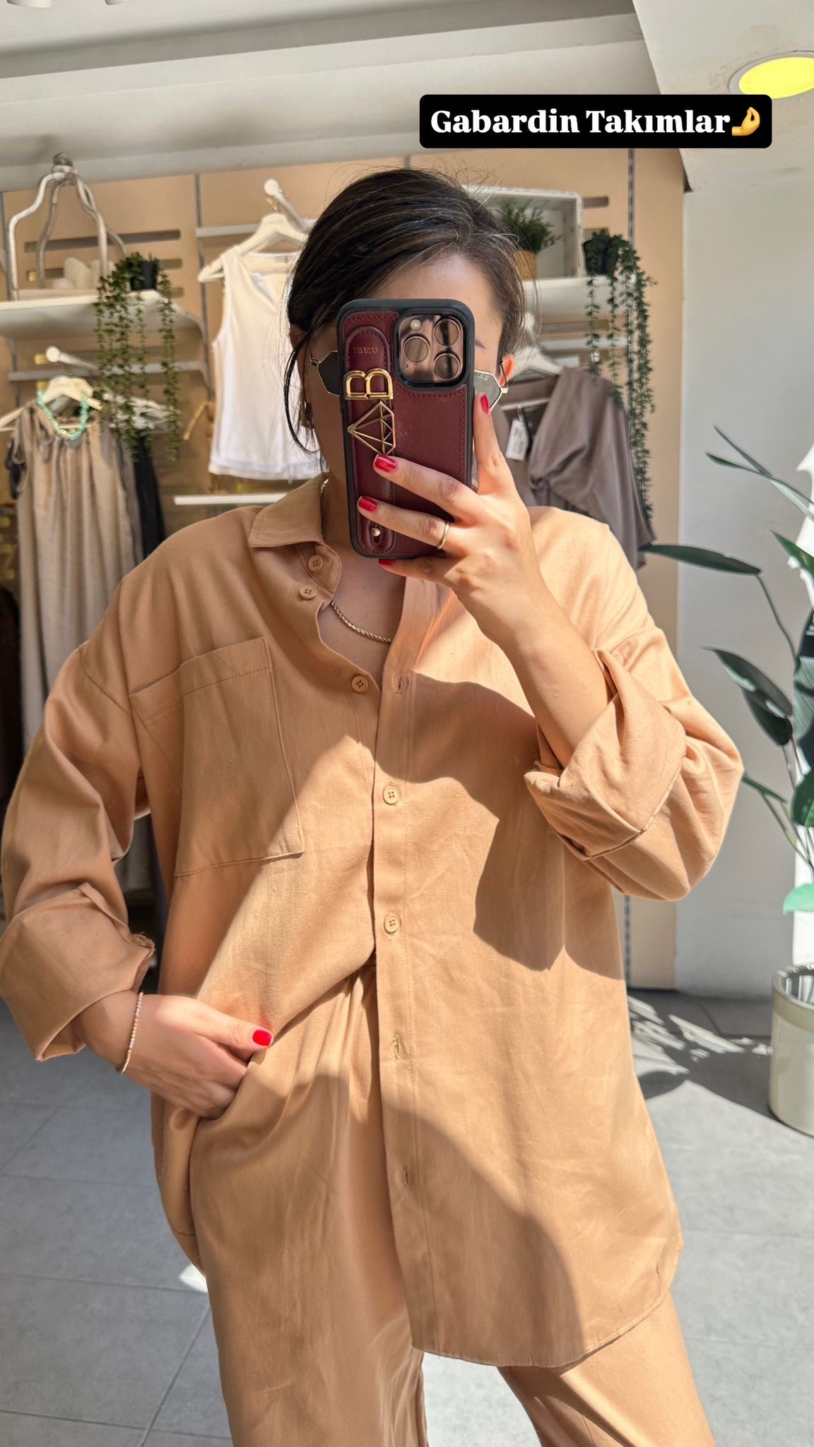 Camel Kadın Yıkamalı Gabardin Gömlek & Havuç Pantolon Takım Oversize Kalıp Rahat Kesim
