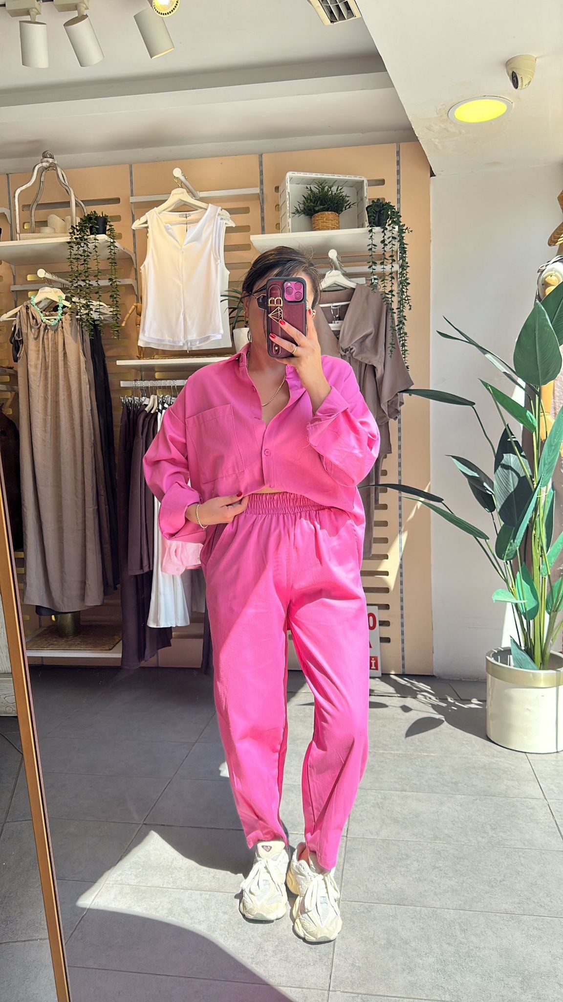 Pembe Kadın Yıkamalı Gabardin Gömlek & Havuç Pantolon Takım Oversize Kalıp Rahat Kesim