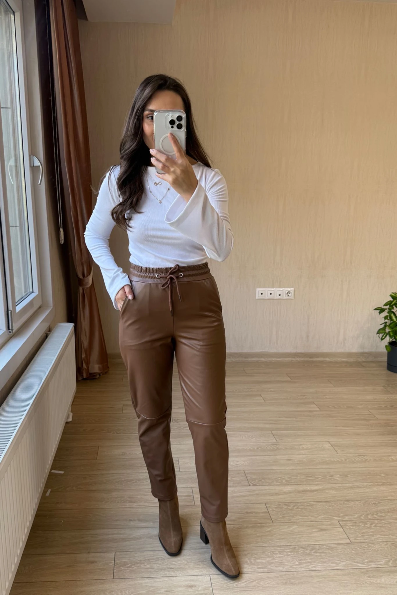 Taba Deri Pantolon İçi Şardonlu Likralı Esnek Mat Deri