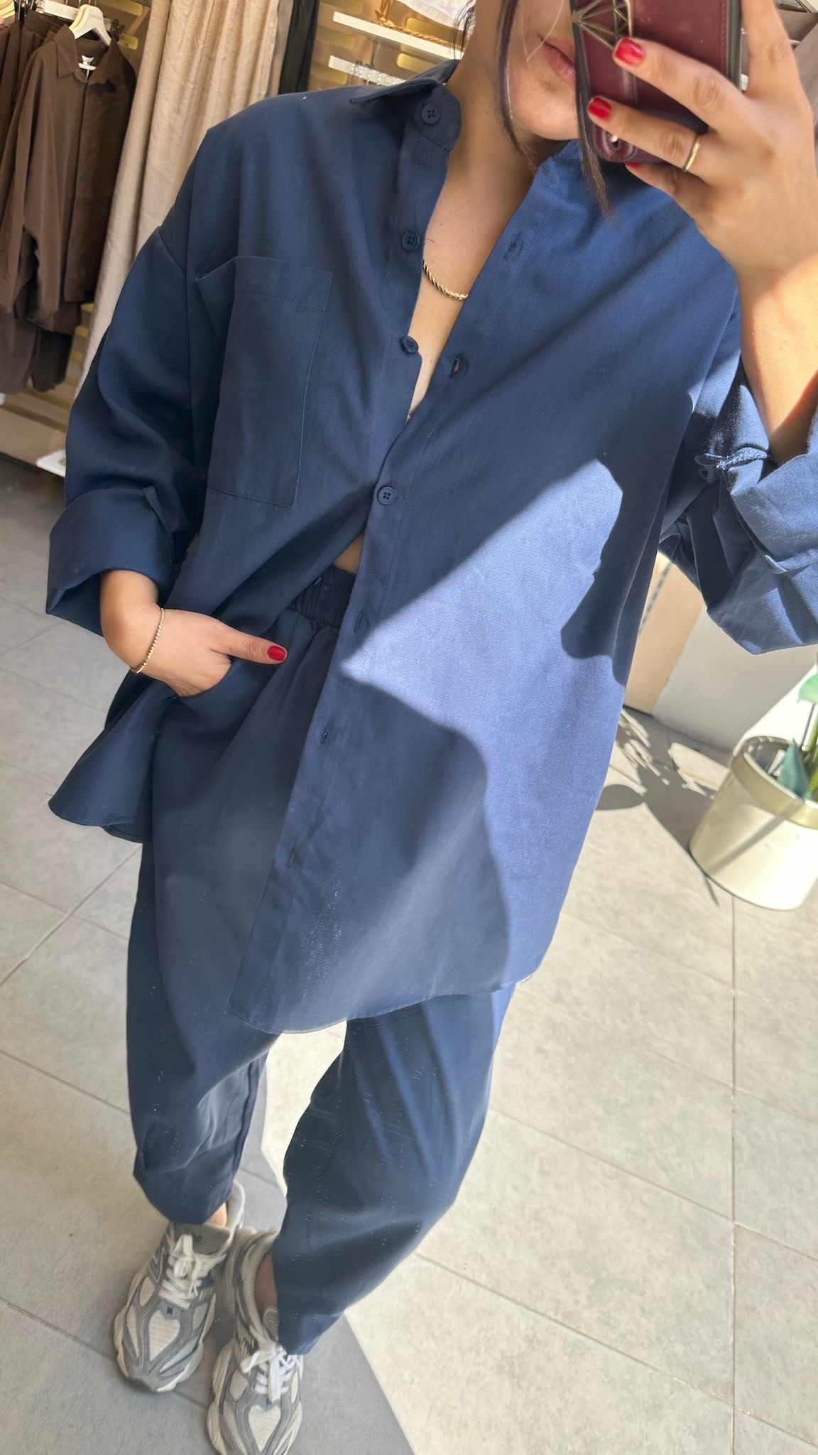 Lacivert Kadın Yıkamalı Gabardin Gömlek & Havuç Pantolon Takım Oversize Kalıp Rahat Kesim