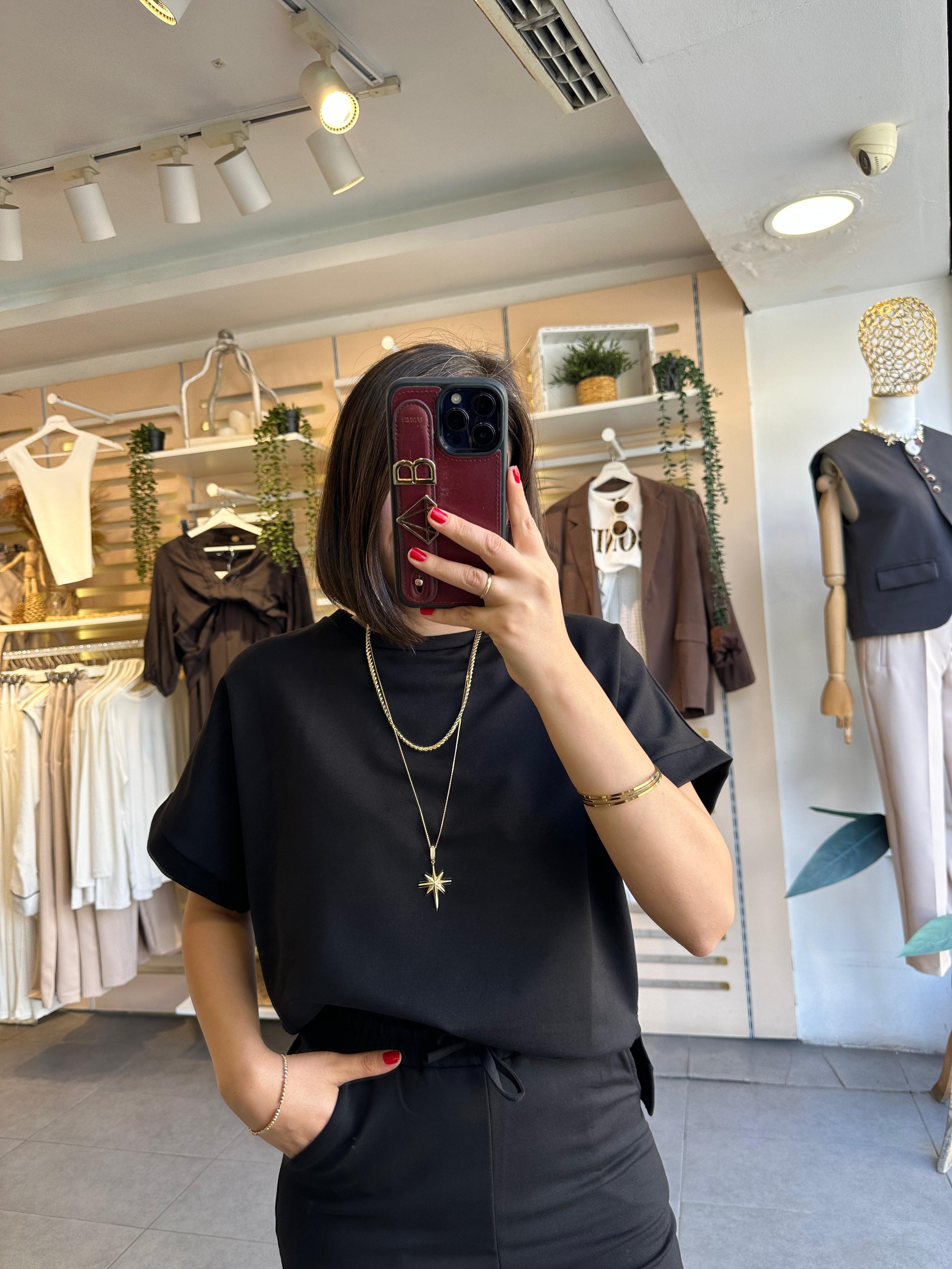 Kadın 2 İplik Günlük Takım Compakt Pamuk Penye Kumaş Kısa Kol & Eşofman Alt Siyah