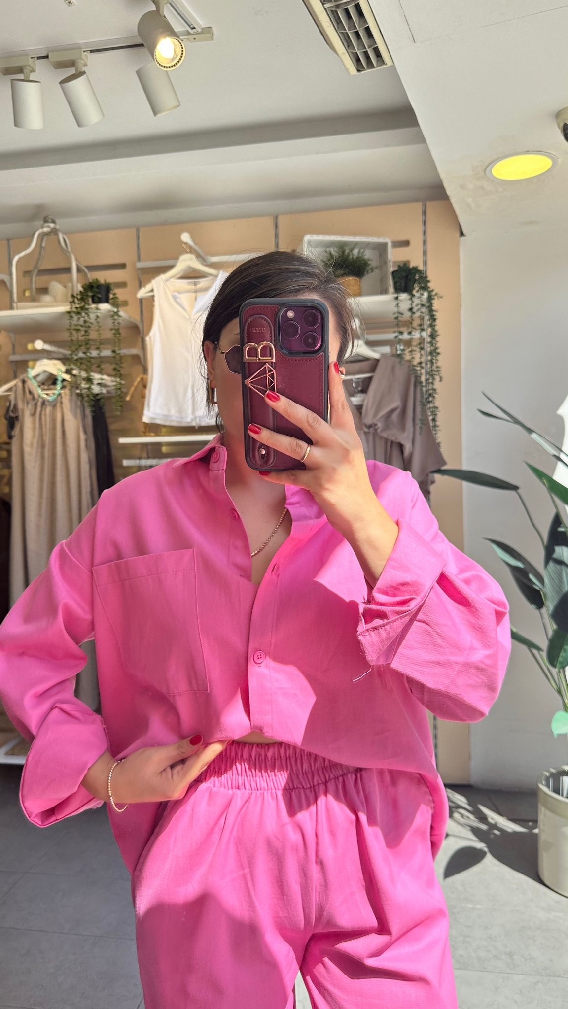 Pembe Kadın Yıkamalı Gabardin Gömlek & Havuç Pantolon Takım Oversize Kalıp Rahat Kesim