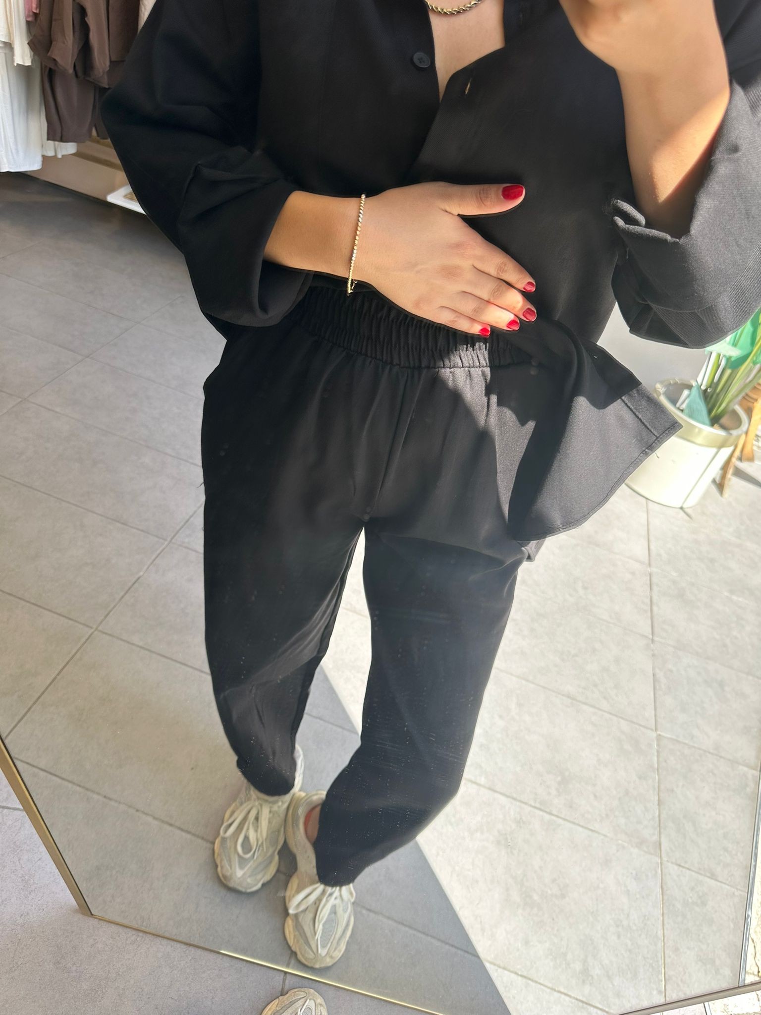 Siyah Kadın Yıkamalı Gabardin Gömlek & Havuç Pantolon Takım Oversize Kalıp Rahat Kesim