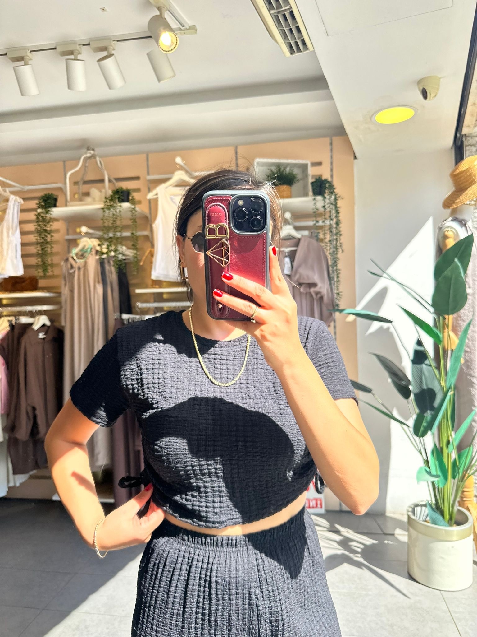Siyah Bubble Örme Kumaş Kadın Günlük Giyim Takım Yanları Bağcıklı