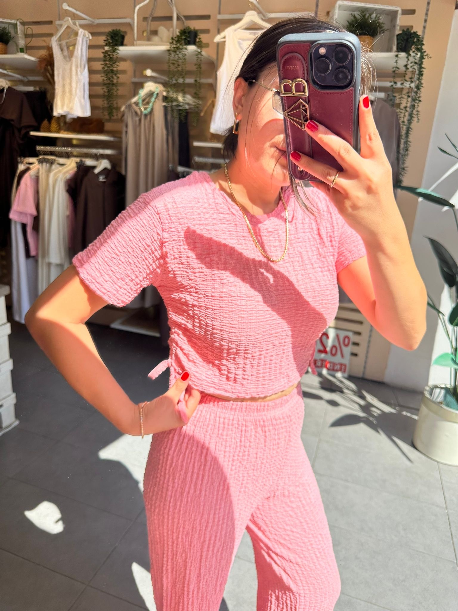 Pembe Bubble Örme Kumaş Kadın Günlük Giyim Takım Yanları Bağcıklı
