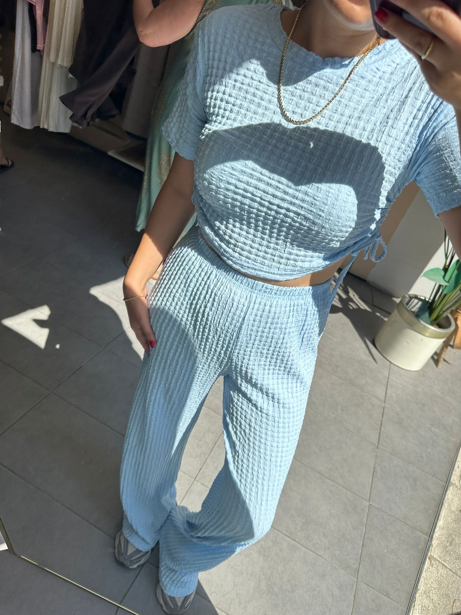Buz Mavisi Bubble Örme Kumaş Kadın Günlük Giyim Takım Yanları Bağcıklı