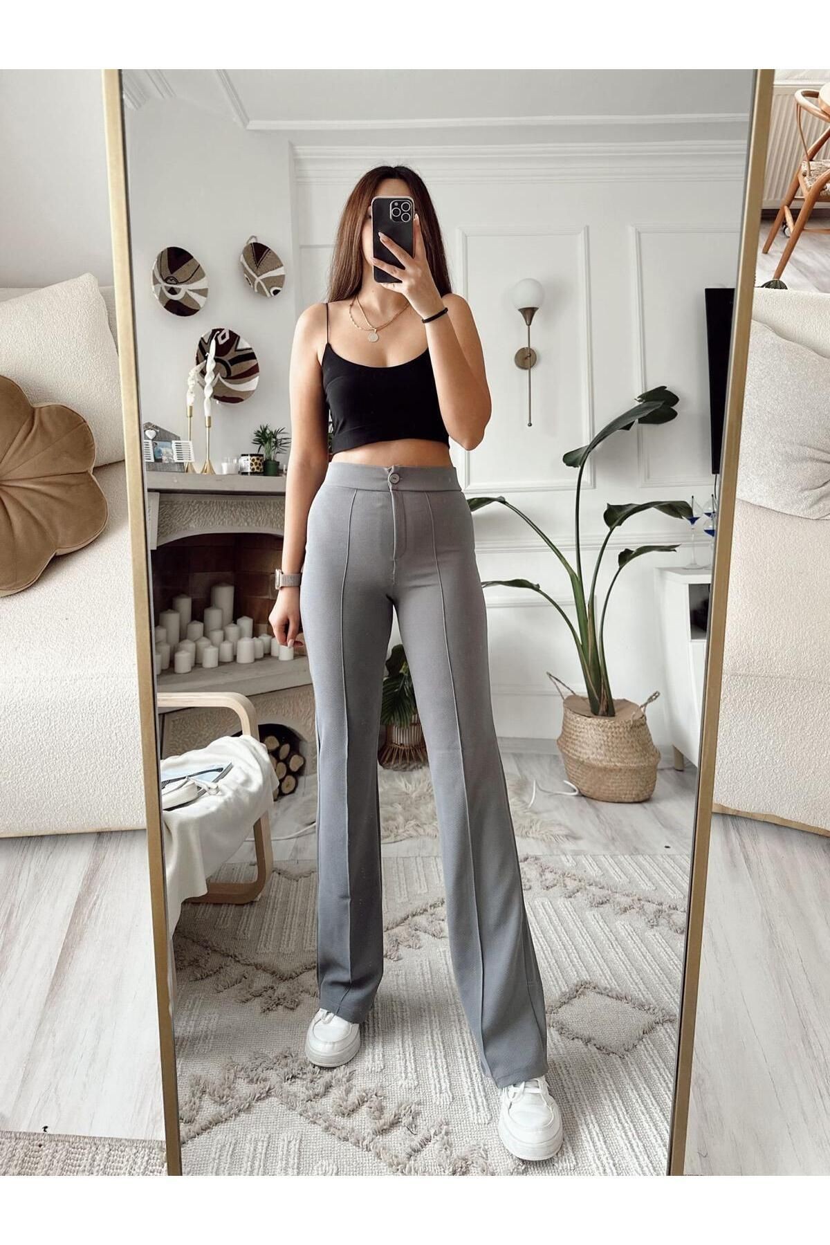 Gri Lisa Çımalı Crep Pantolon
