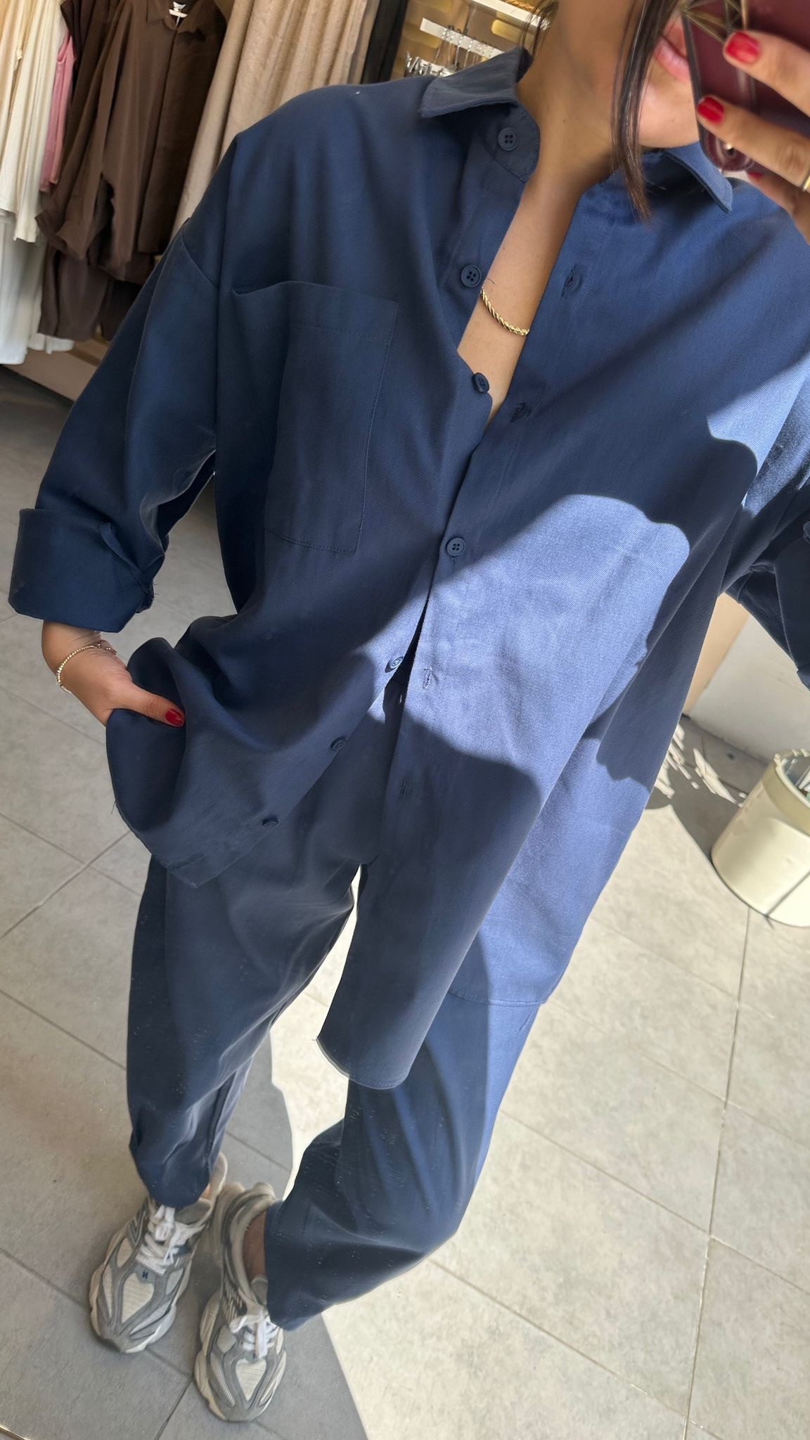 Lacivert Kadın Yıkamalı Gabardin Gömlek & Havuç Pantolon Takım Oversize Kalıp Rahat Kesim