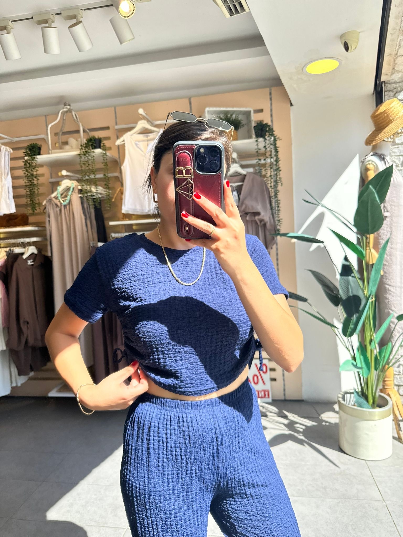 Lacivert Bubble Örme Kumaş Kadın Günlük Giyim Takım Yanları Bağcıklı