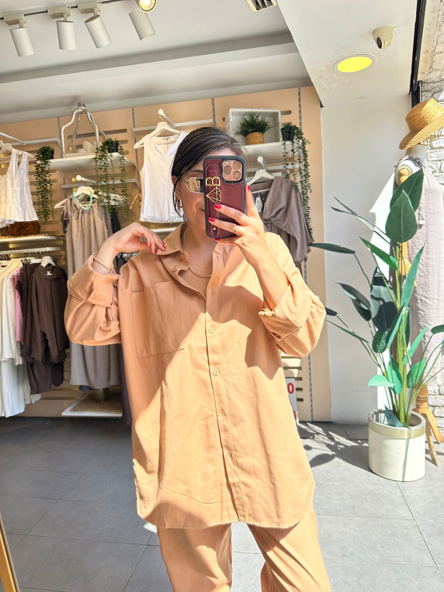 Camel Kadın Yıkamalı Gabardin Gömlek & Havuç Pantolon Takım Oversize Kalıp Rahat Kesim