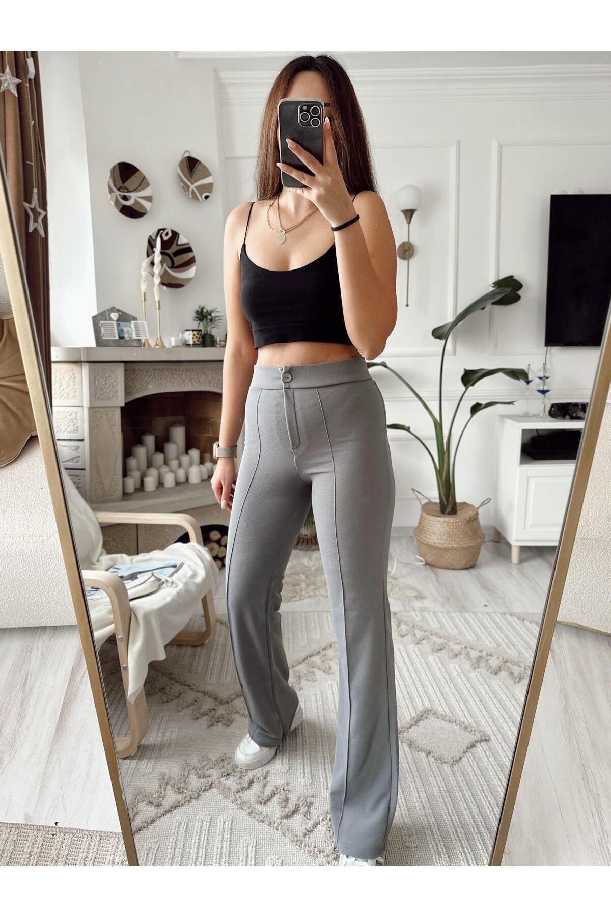 Gri Lisa Çımalı Crep Pantolon