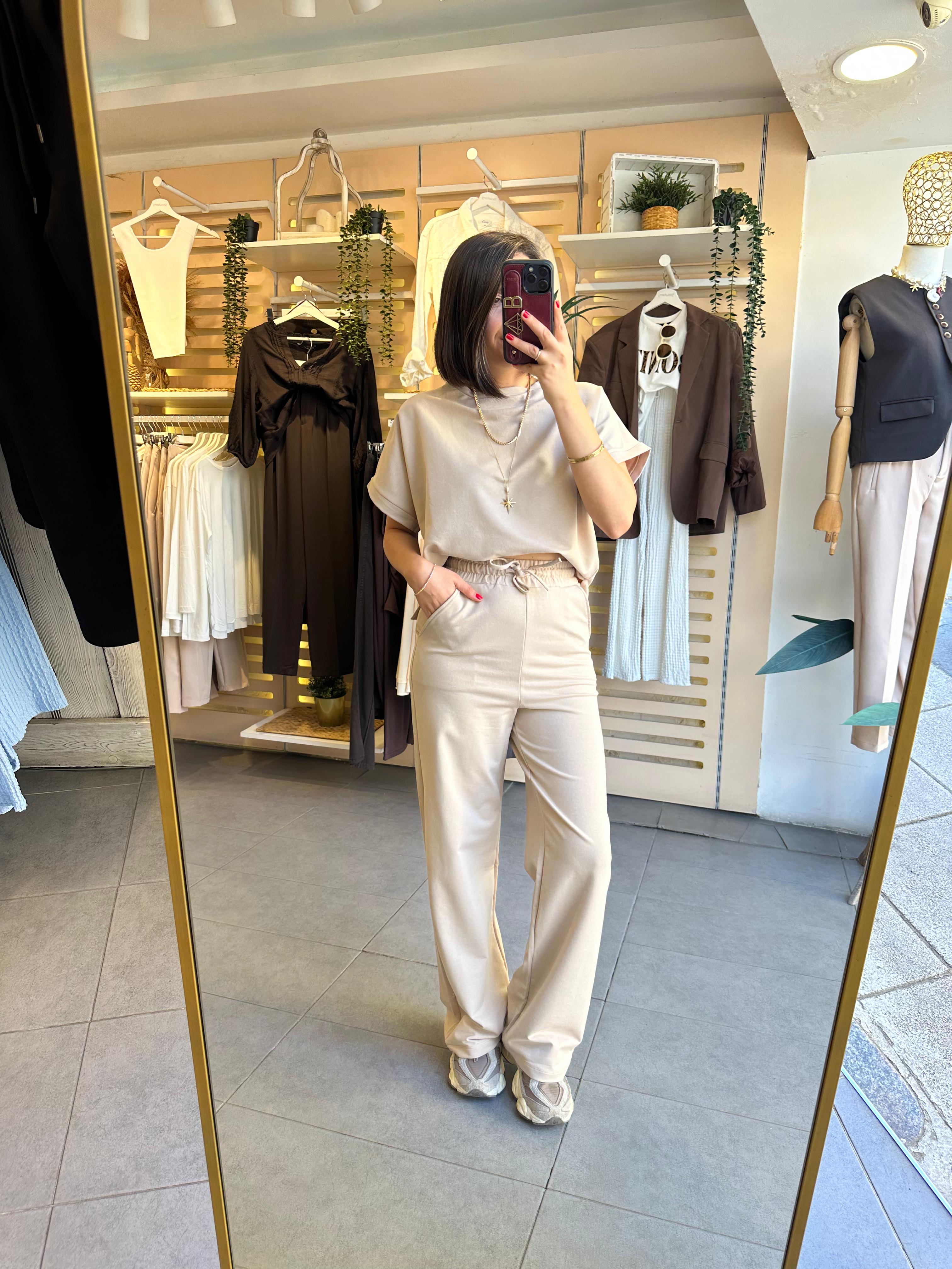 Kadın 2 İplik Günlük Takım Compakt Pamuk Penye Kumaş Kısa Kol & Eşofman Alt Bej