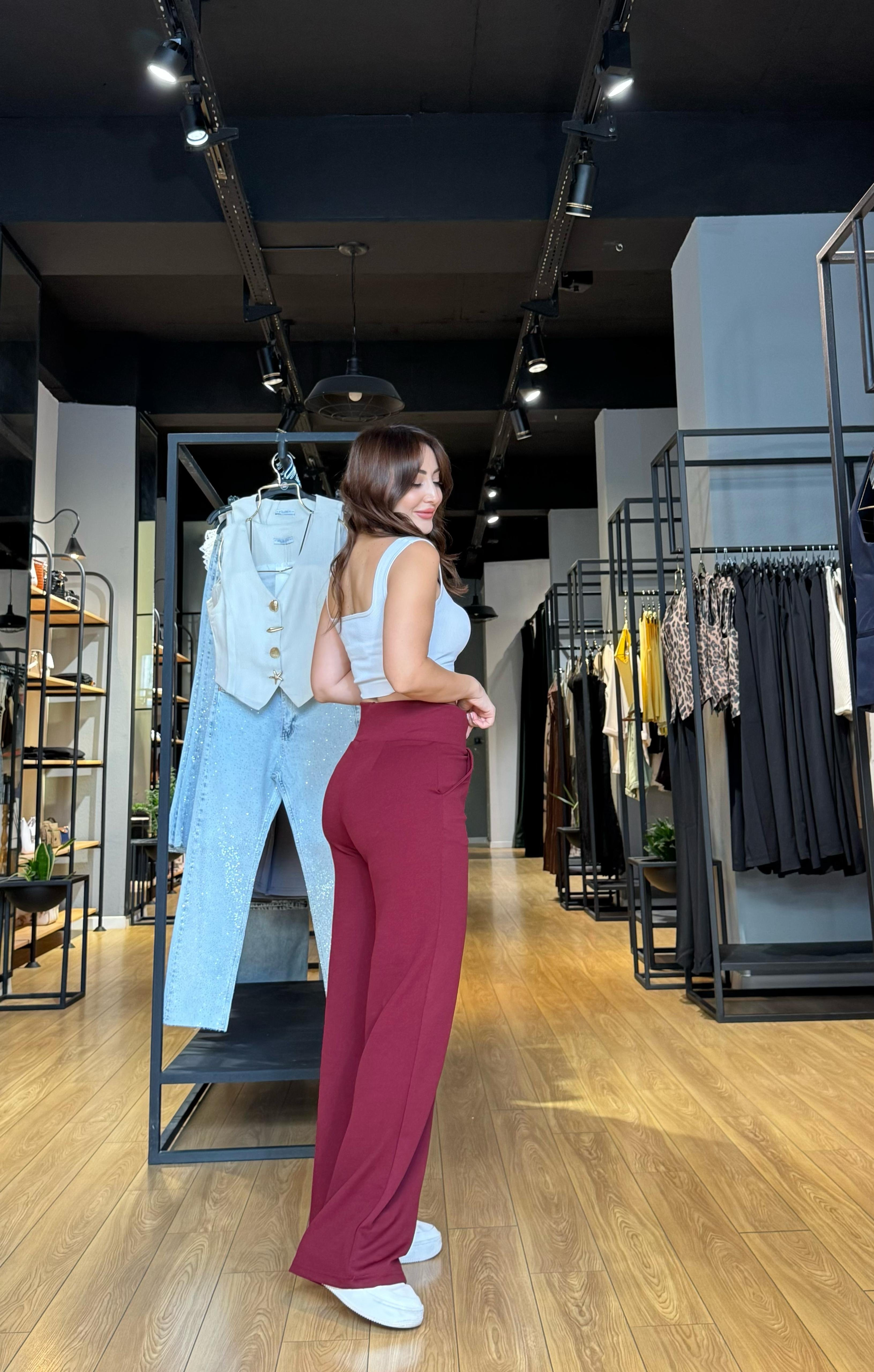 Bordo Korsaj Kemerli Likralı Crep Pantolon Toparlayıcı Yüksek Bel