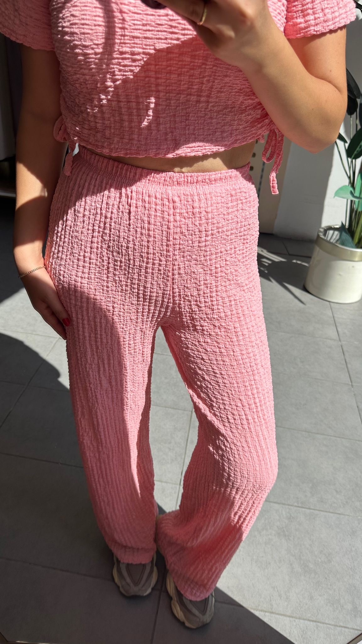 Pembe Bubble Örme Kumaş Kadın Günlük Giyim Takım Yanları Bağcıklı