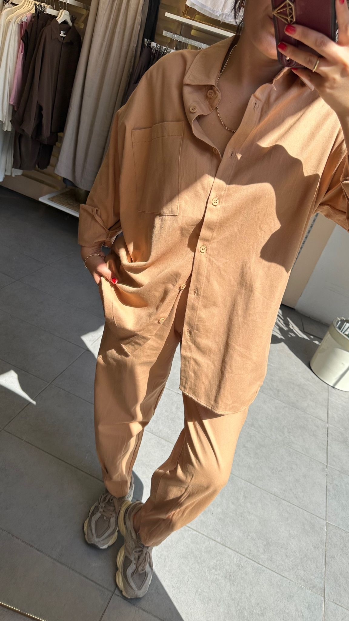 Camel Kadın Yıkamalı Gabardin Gömlek & Havuç Pantolon Takım Oversize Kalıp Rahat Kesim
