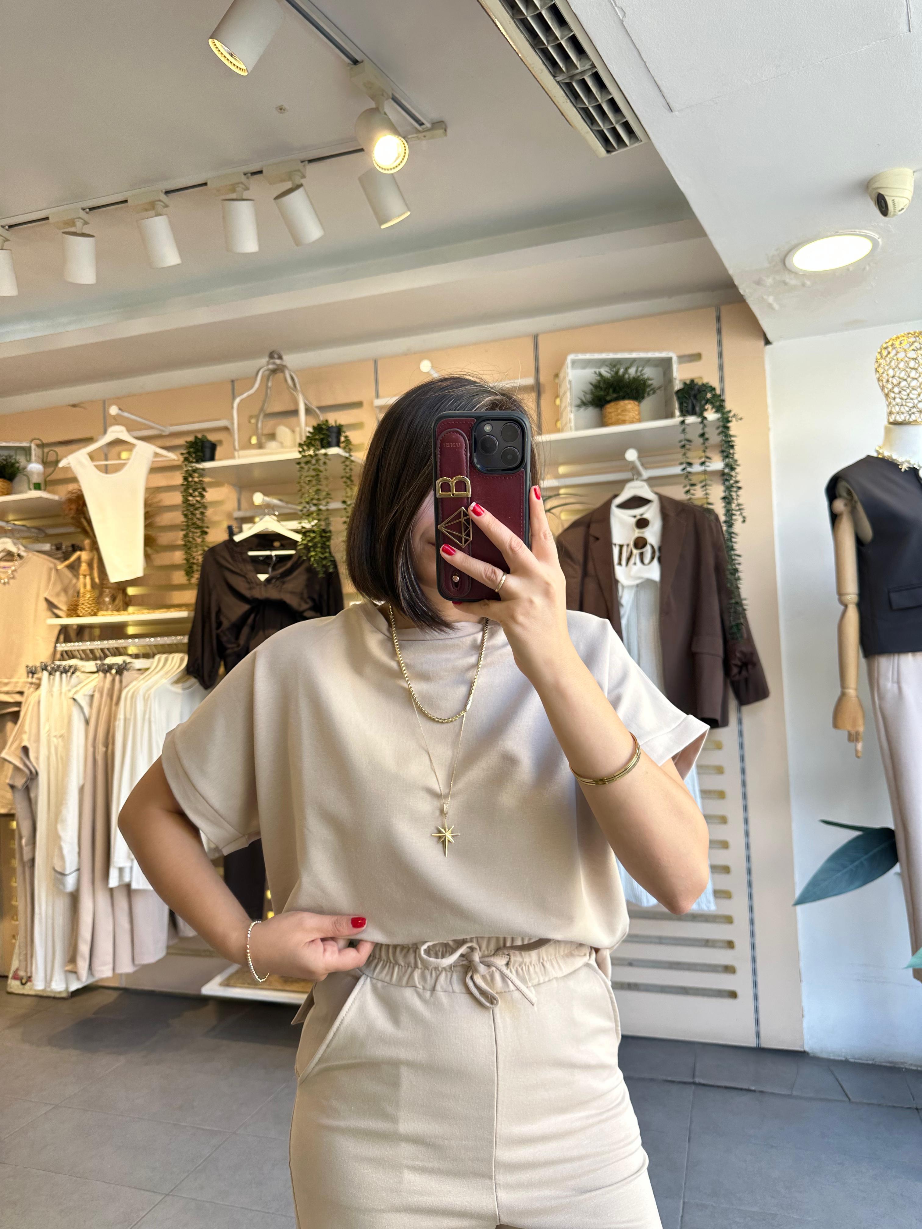 Kadın 2 İplik Günlük Takım Compakt Pamuk Penye Kumaş Kısa Kol & Eşofman Alt Bej