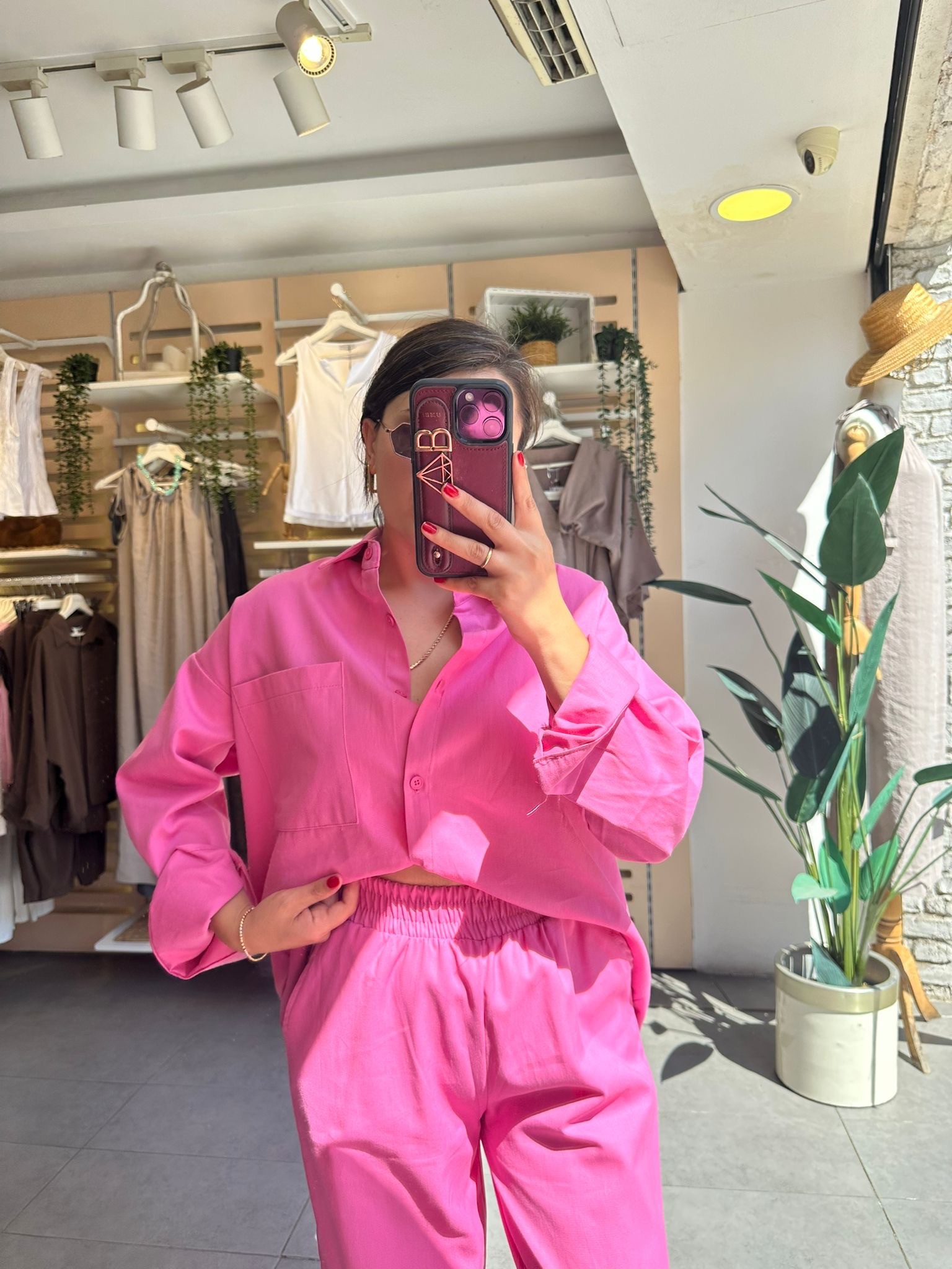Pembe Kadın Yıkamalı Gabardin Gömlek & Havuç Pantolon Takım Oversize Kalıp Rahat Kesim